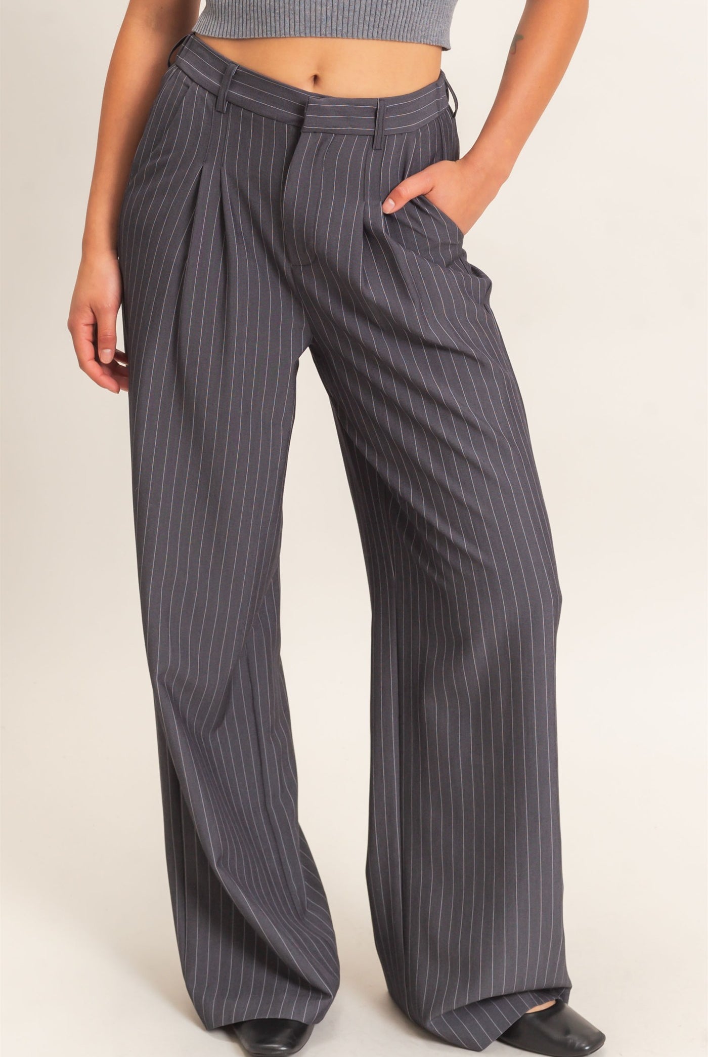 Wholesale Pinstripe Wide-Leg Trousers Pants DZ26E426 DARK GRAY DOUBLE ZERO