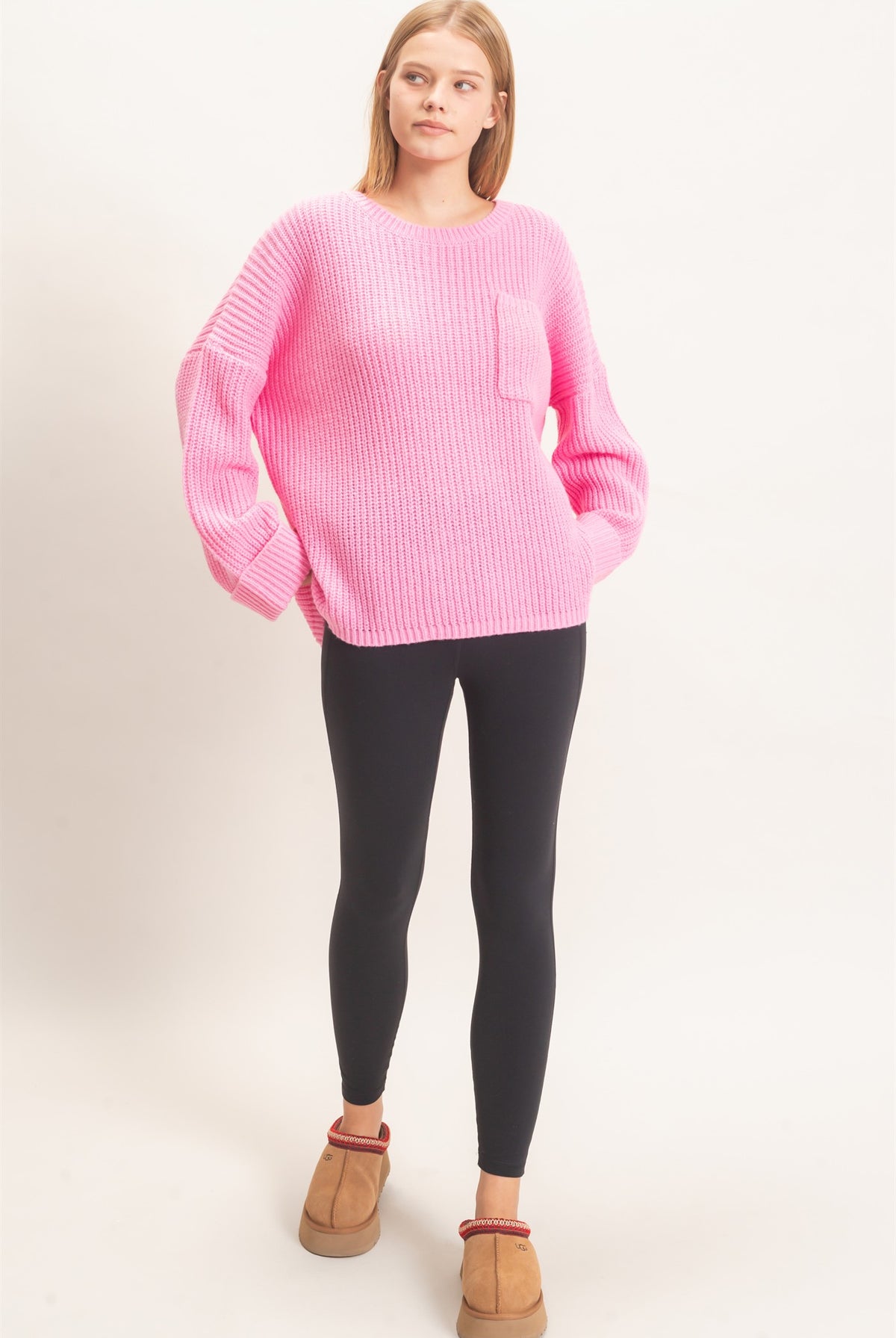 Wholesale Ribbed Knit Patch Pocket Sweater Sweaters HF26F177 PINK HYFVE