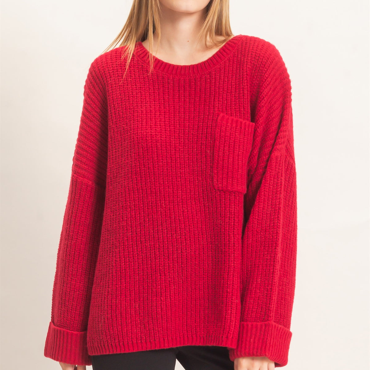 Wholesale Ribbed Knit Patch Pocket Sweater Sweaters HF26F177 BURGUNDY HYFVE