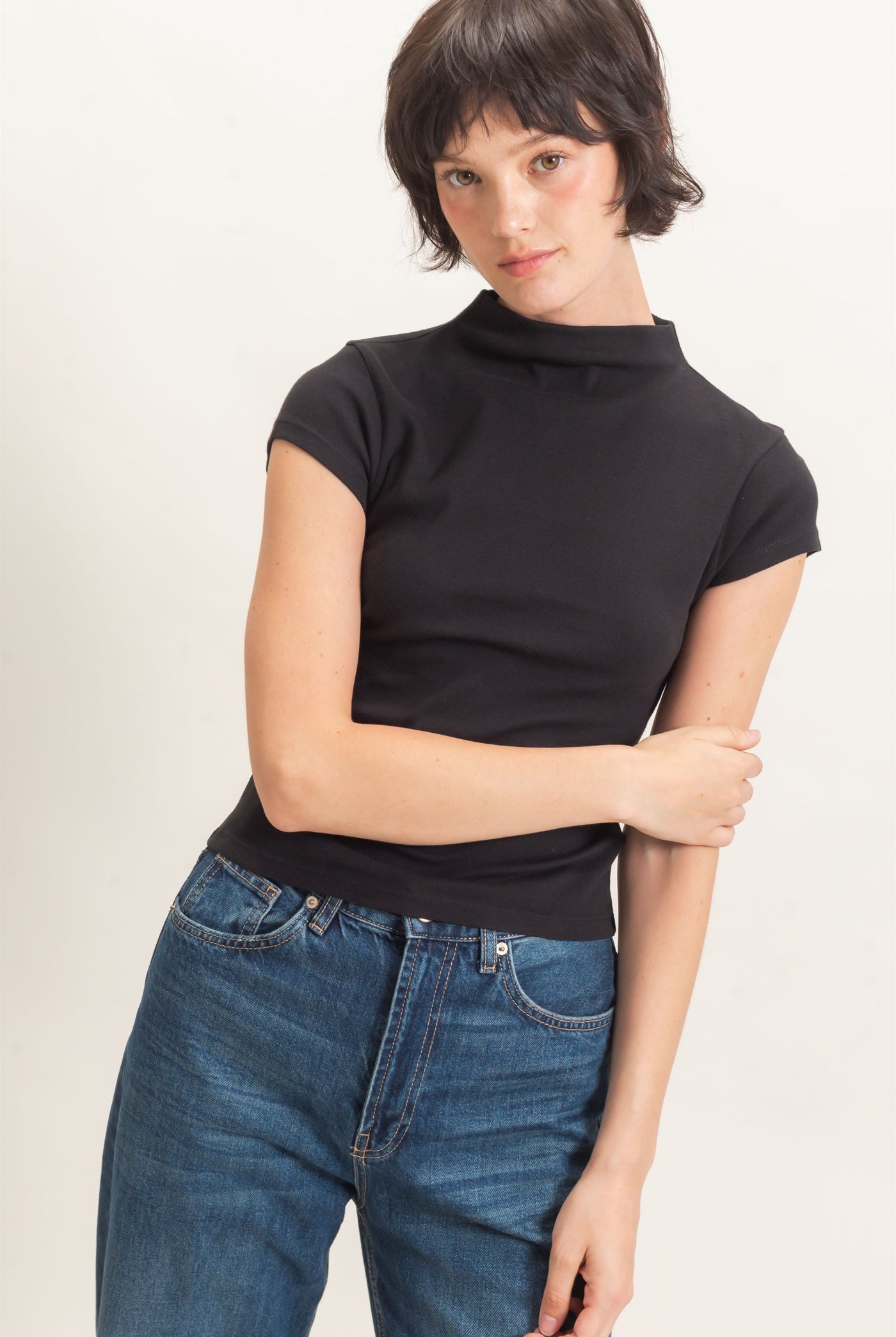Wholesale Mock Neck Cap Sleeve Top Clothing Tops DZ26E323 BLACK DOUBLE ZERO