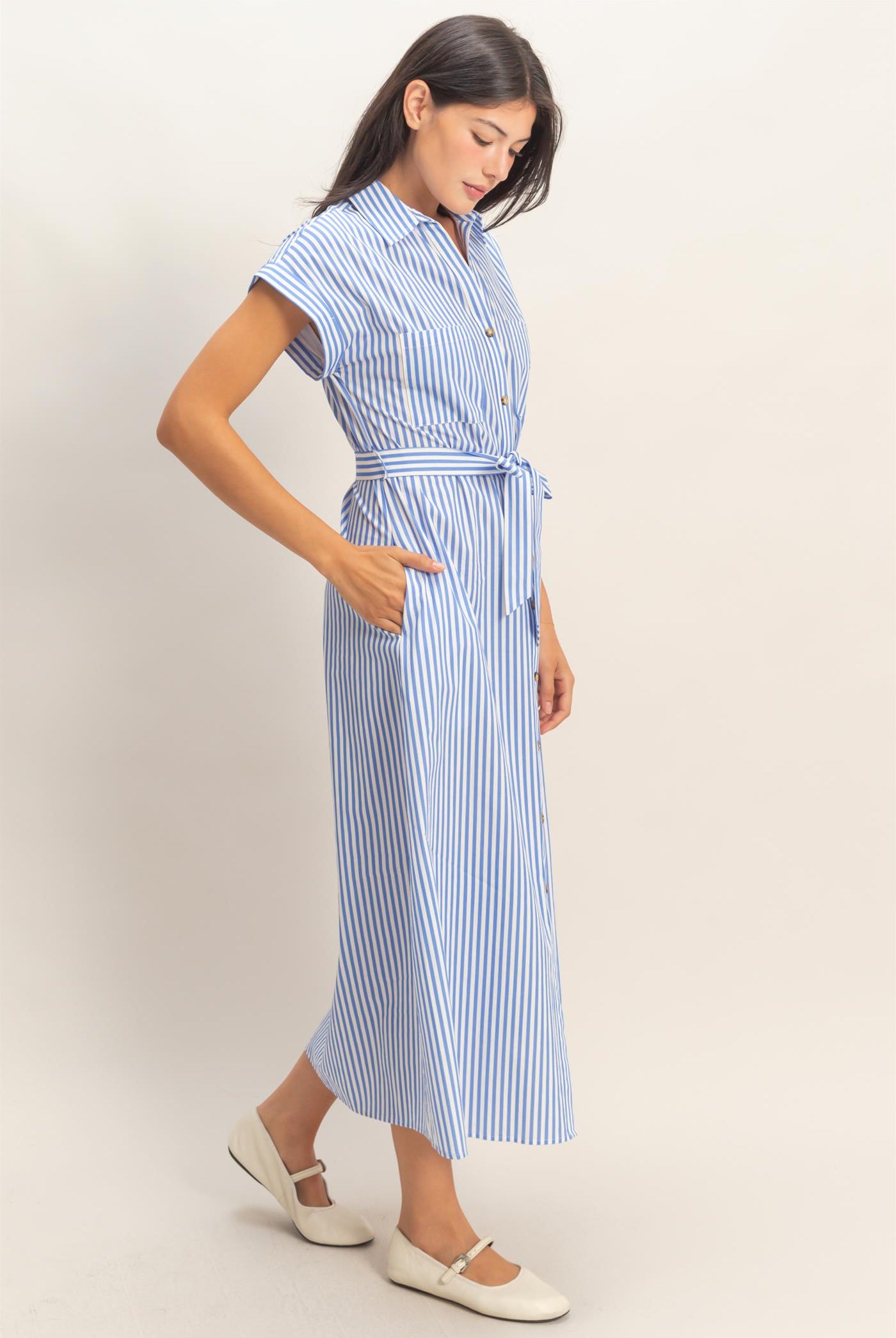 Wholesale Striped Poplin Belted Shirt Dress With Pockets Dresses DZ26C129 BLUE DOUBLE ZERO