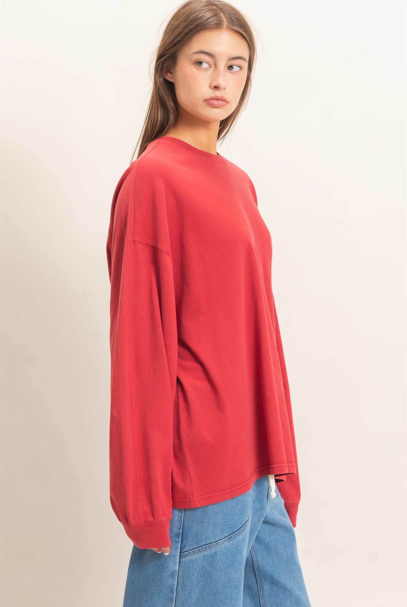 Wholesale Pigment Dye Oversized Long Sleeve Top Clothing Tops DZ26A825 DARK RED DOUBLE ZERO