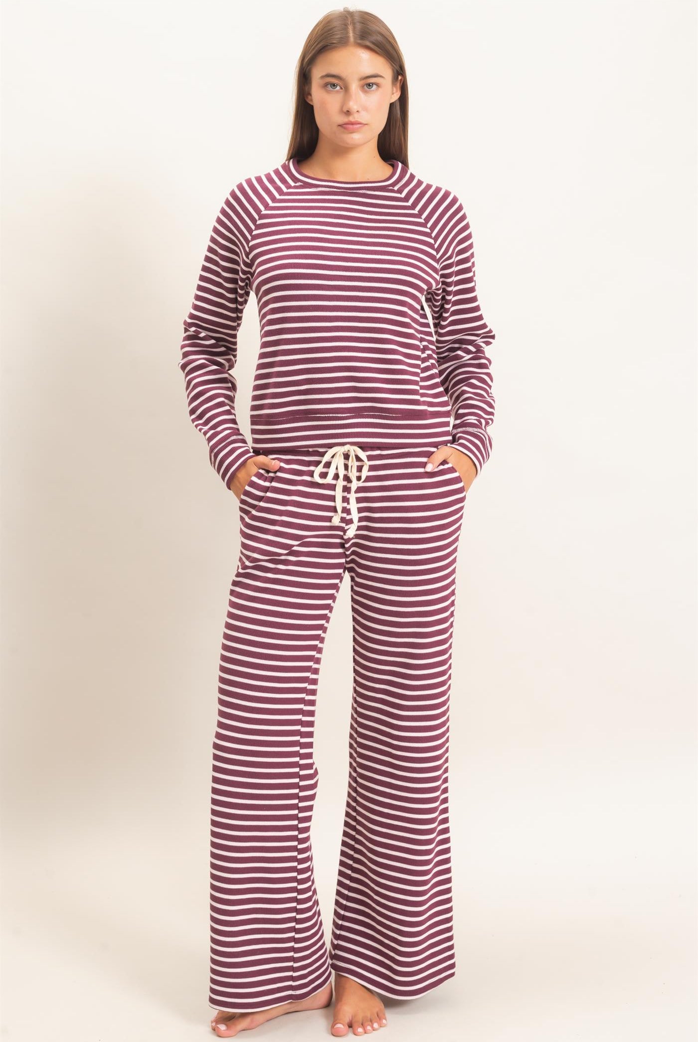 Wholesale Low Rise Striped Waffle Knit Pants Pants DZ26E553 DARK CHERRY DOUBLE ZERO