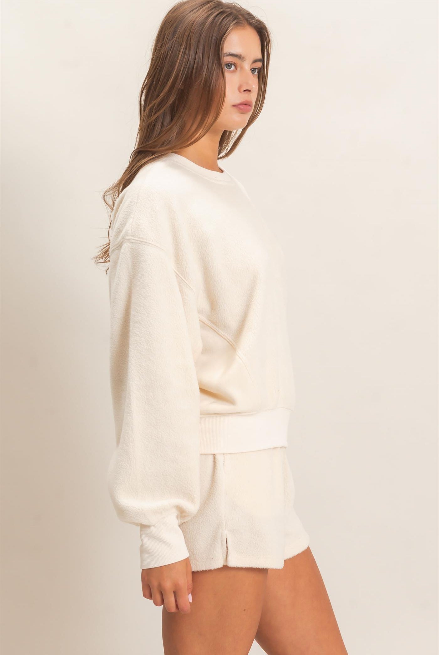 Wholesale Contrast Sweatshirt & Shorts Set Clothing DZ25F478-SET IVORY DOUBLE ZERO