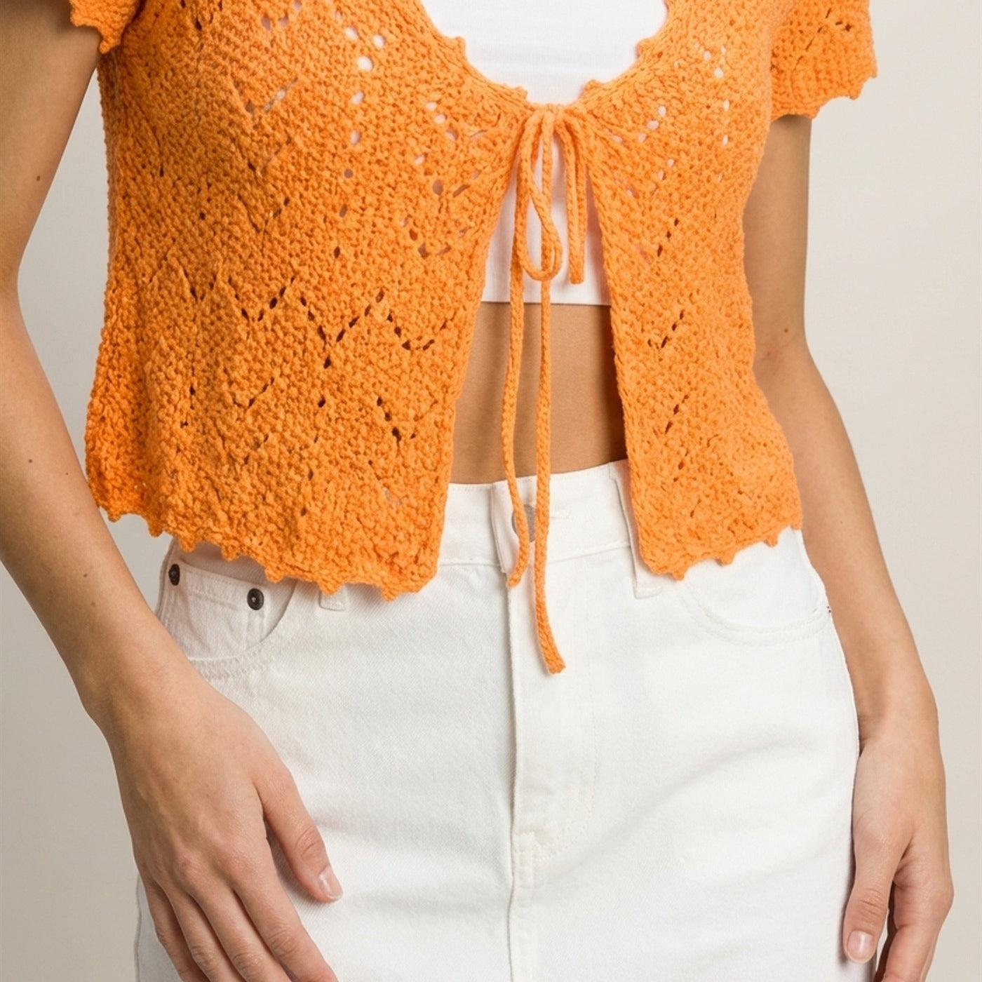 Wholesale Pointelle Tie Front Knit Cardigan Clothing Tops DZ24C268 ORANGE DOUBLE ZERO