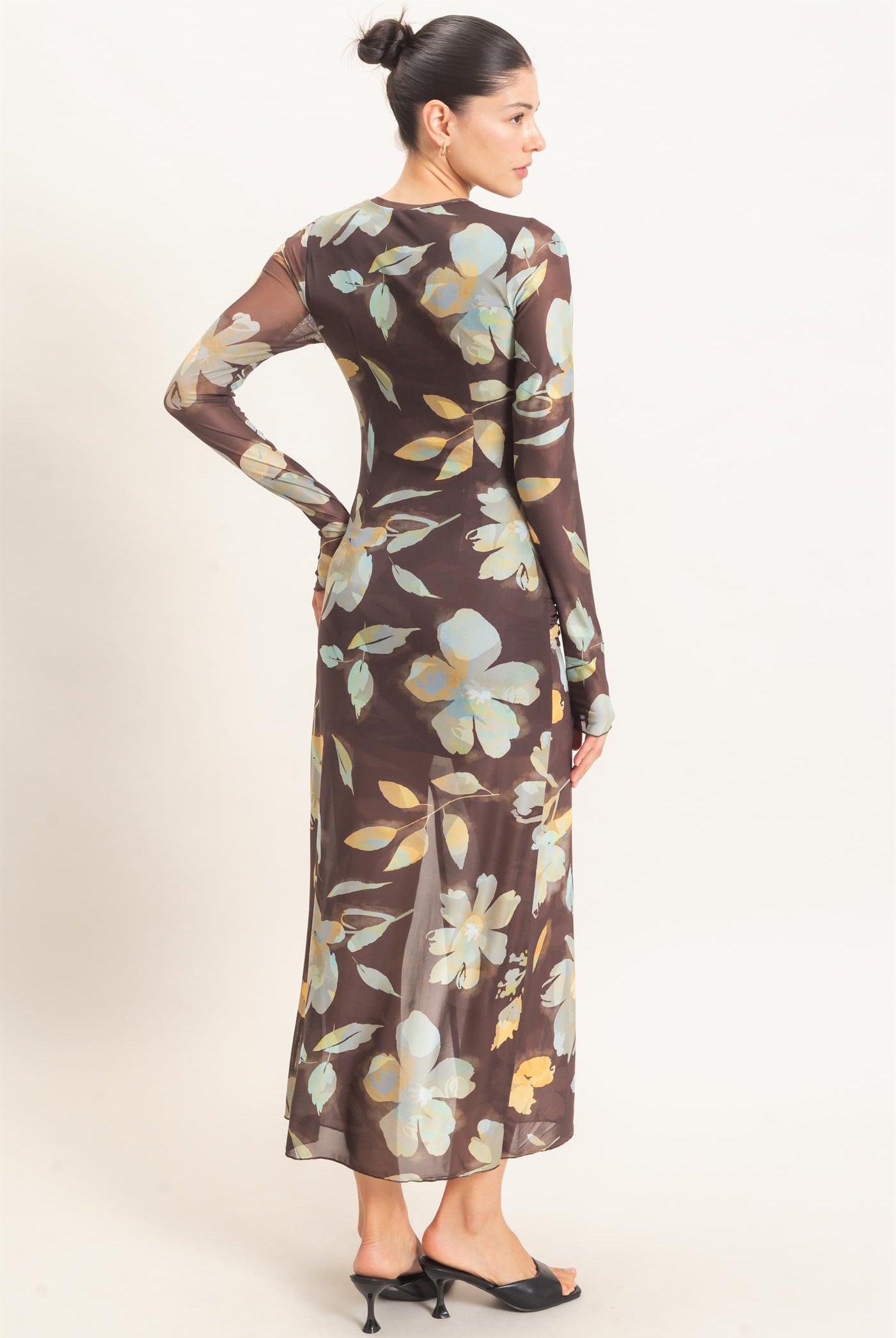 Wholesale Floral Mesh Knit Dress Dresses HF26E307 BROWN HYFVE
