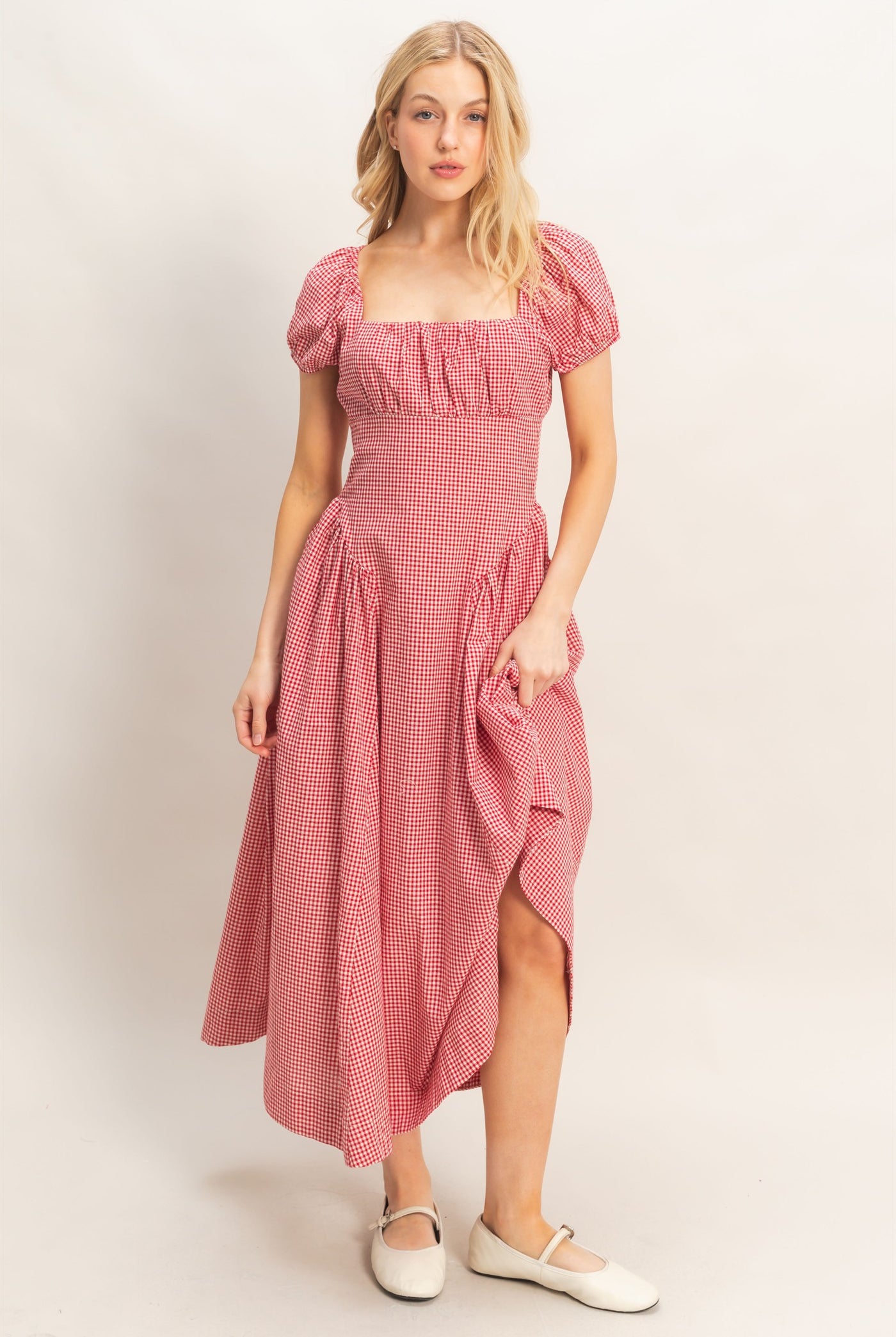 Wholesale Gingham Puff Sleeve Dress Dresses HF26A321 RED HYFVE
