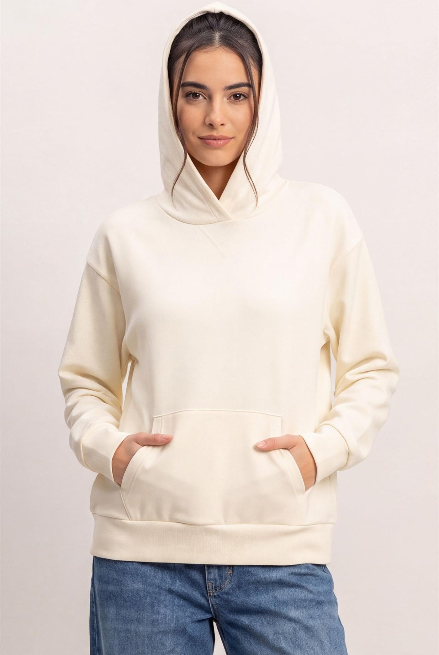 Wholesale Long Sleeve Hoodie With Kangaroo Pocket Hoodies DZ26F276 CREAM DOUBLE ZERO