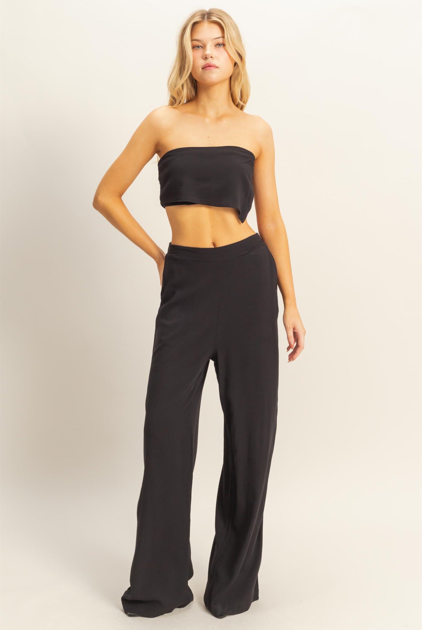 Wholesale Stretch Linen Top And Pants Set Clothing HF25E016-SET BLACK HYFVE