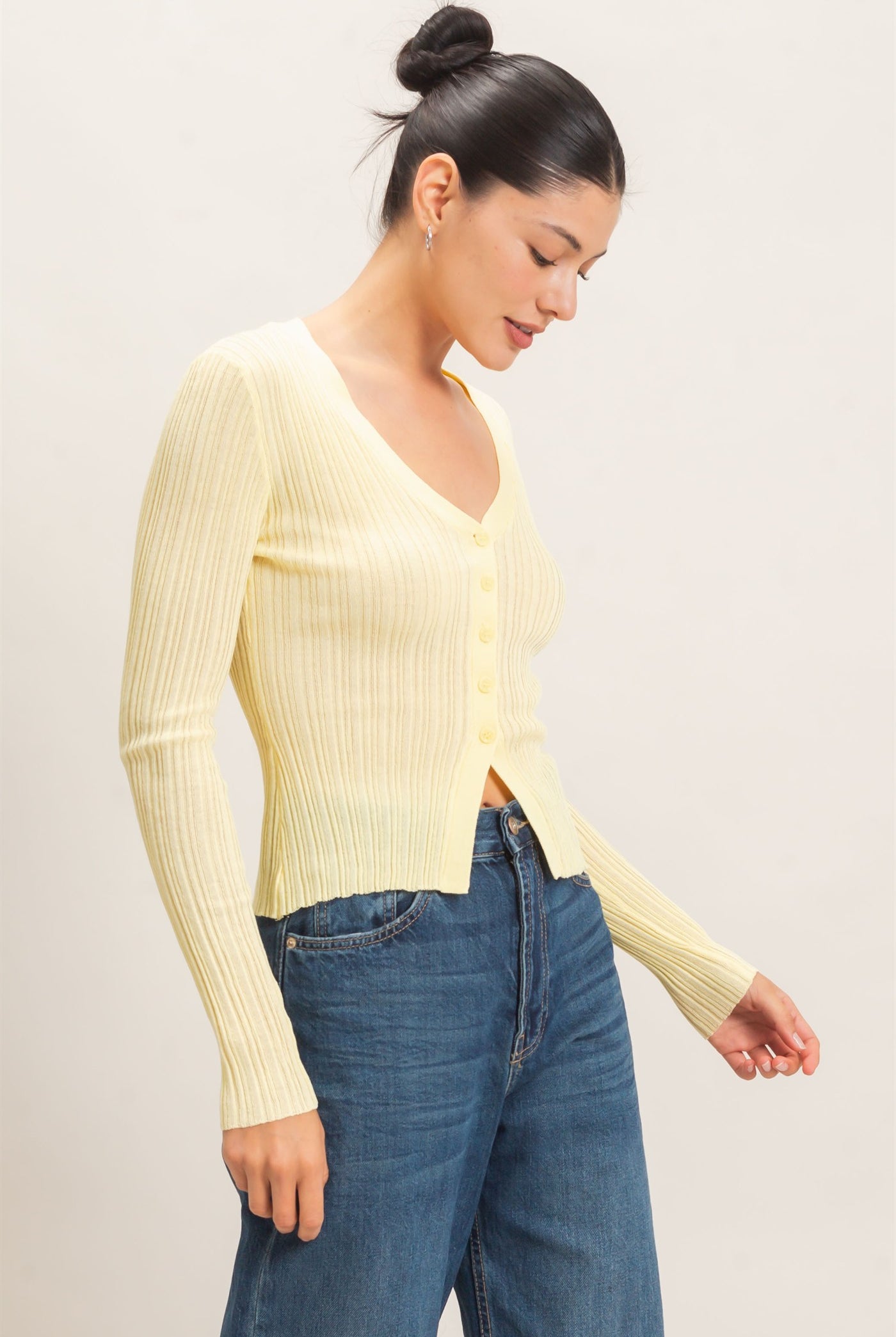 Wholesale Ribbed V-Neck Cardigan Cardigans HF26E154 PASTAL YELLOW HYFVE