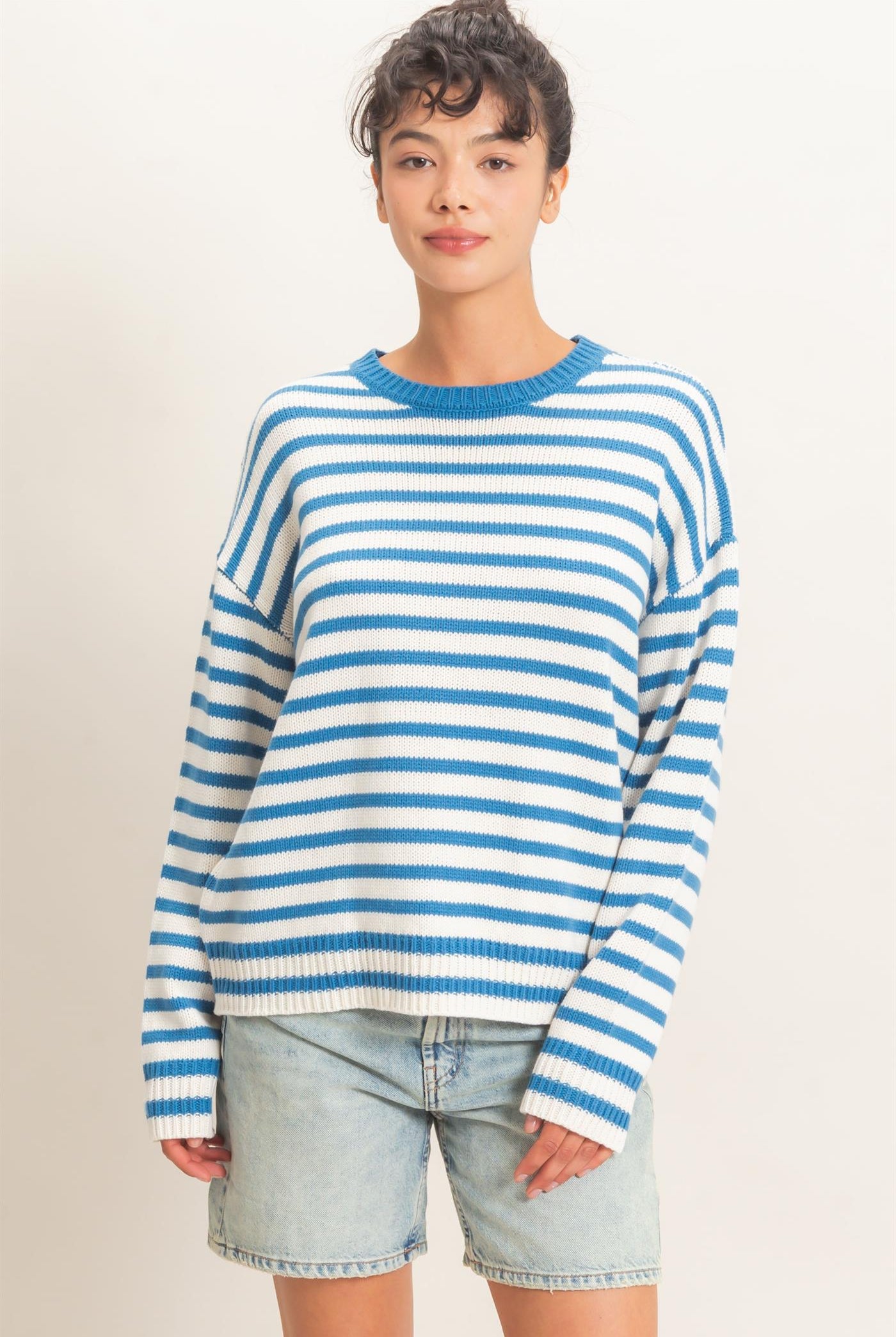 Wholesale Striped Crew Neck Sweater Sweaters DZ26E237 BLUE DOUBLE ZERO