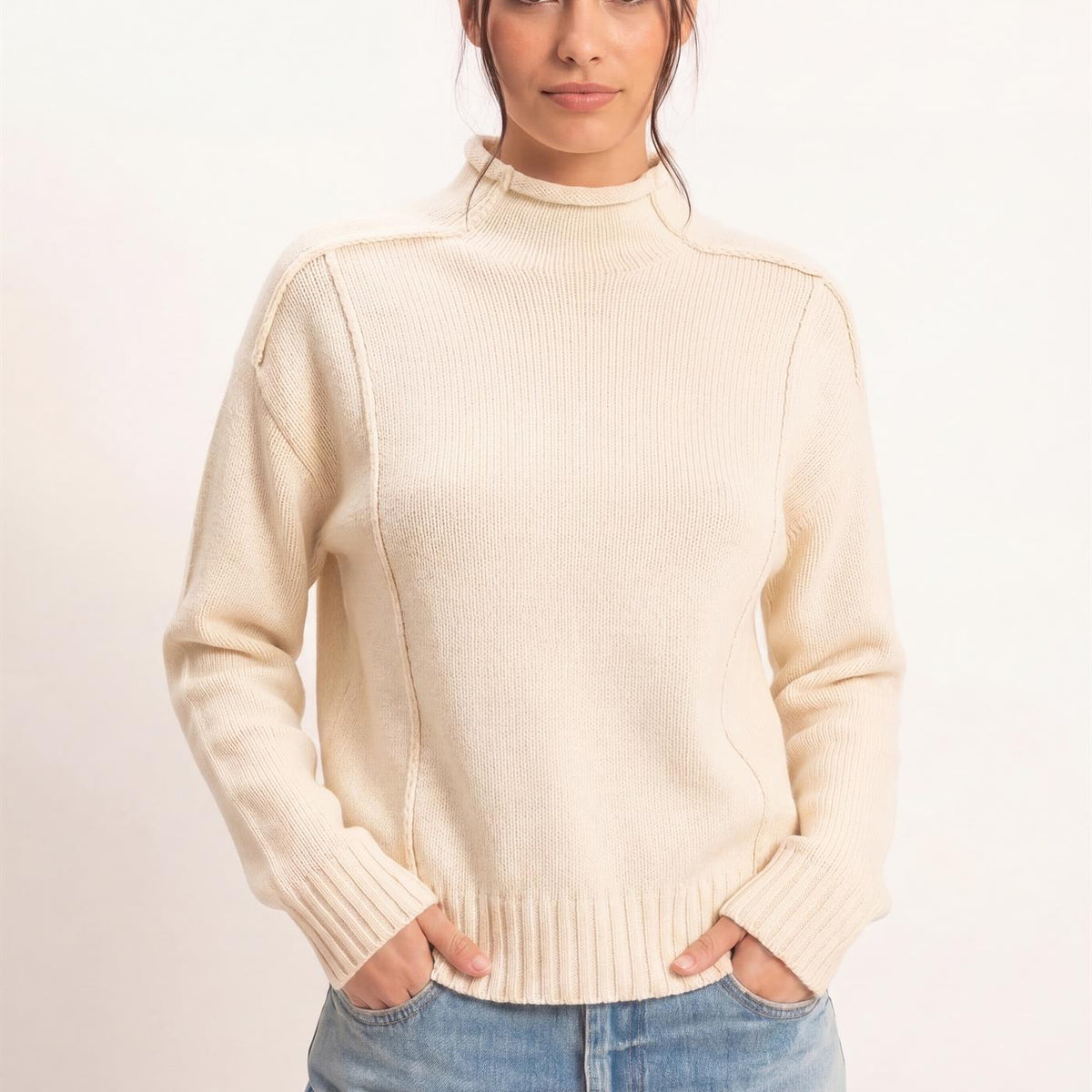 Wholesale Roll Neck Sweater With Reversed Seam Sweaters DZ26E271 CREAM DOUBLE ZERO