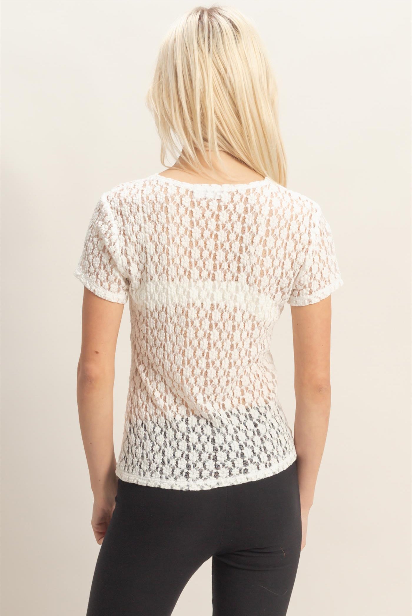 Wholesale Textured Lace Short Sleeve Top Clothing Tops DZ26C394 CREAM DOUBLE ZERO