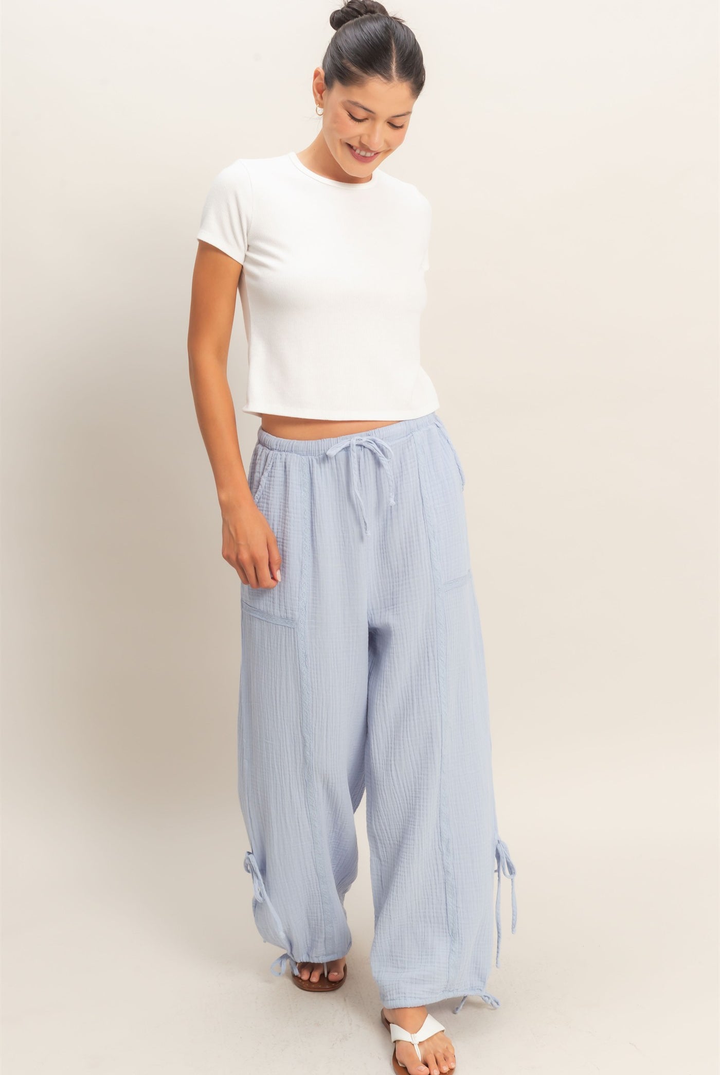 Wholesale Gauze Drawstring Jogger Pants Joggers HF26A822 DUSTY BLUE HYFVE