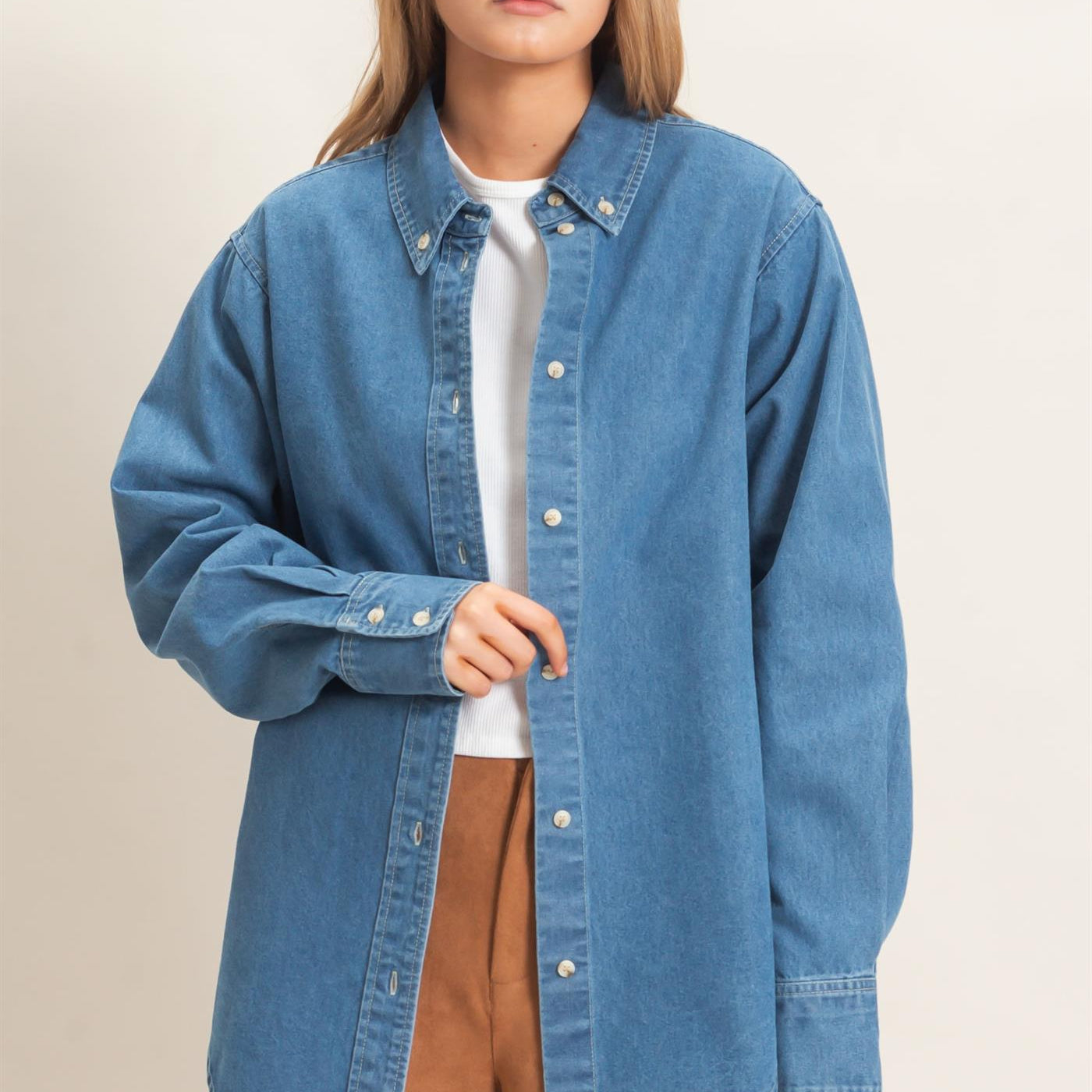 Wholesale Button-Up Denim Shirt Shirts HF26E420 LIGHT DENIM HYFVE