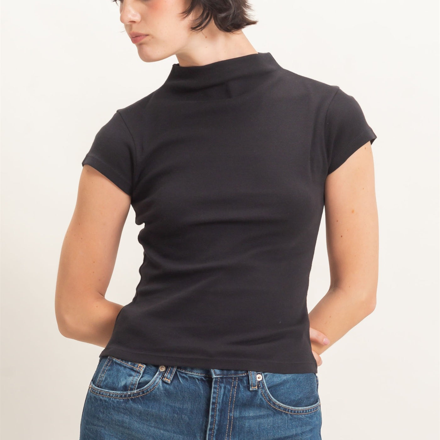 Wholesale Mock Neck Cap Sleeve Top Clothing Tops DZ26E323 BLACK DOUBLE ZERO