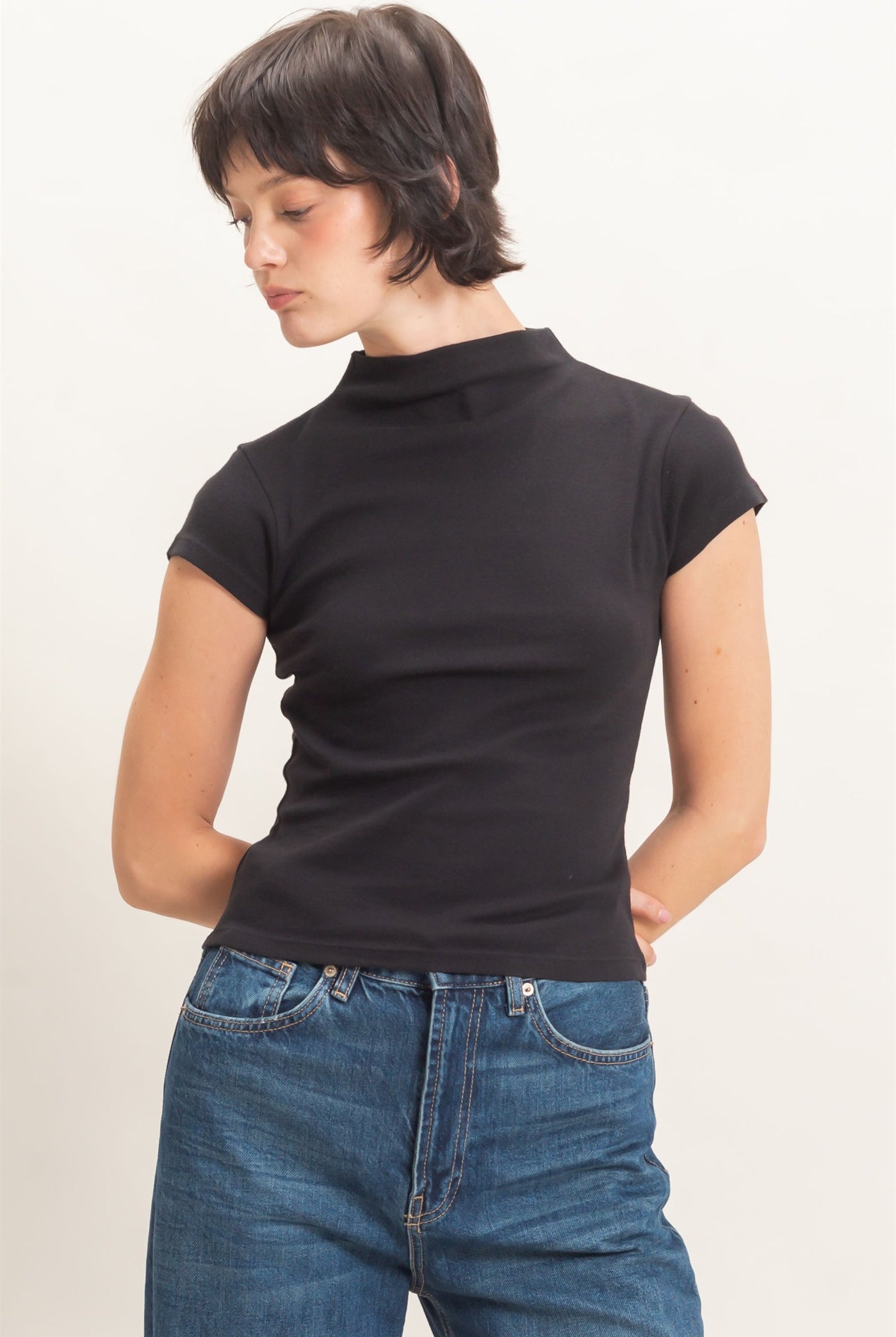 Wholesale Mock Neck Cap Sleeve Top Clothing Tops DZ26E323 BLACK DOUBLE ZERO