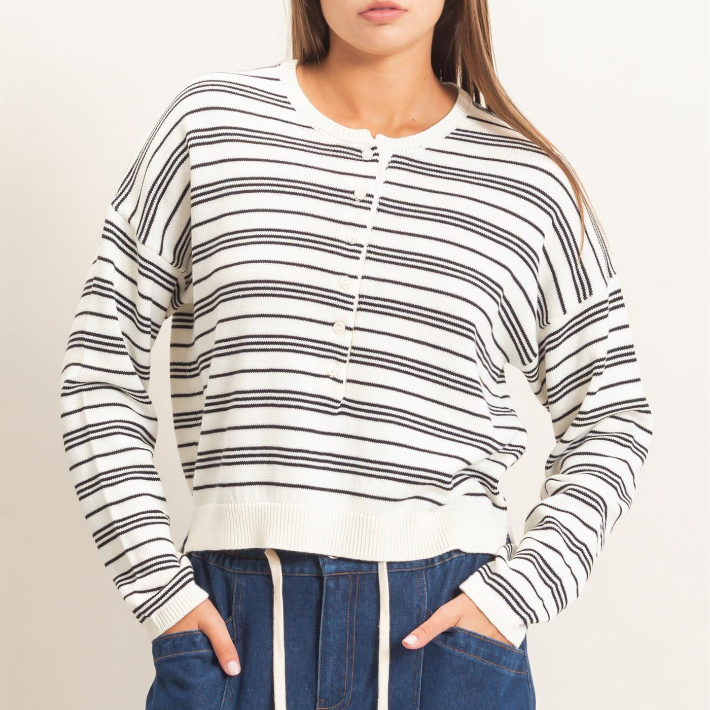 Wholesale Striped Henley Sweater Sweaters DZ26E113 CREAM DOUBLE ZERO