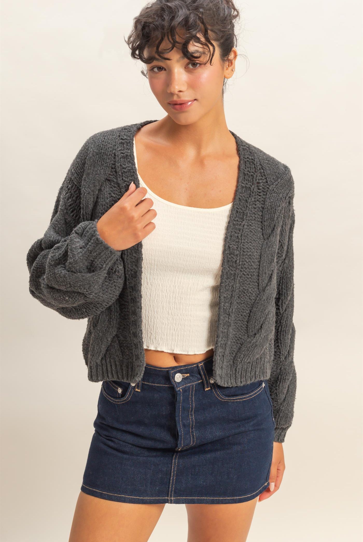 Wholesale Oversized Cable Knit Open Front Cardigan Sweater Cardigans DZ25F072 CHARCOAL DOUBLE ZERO