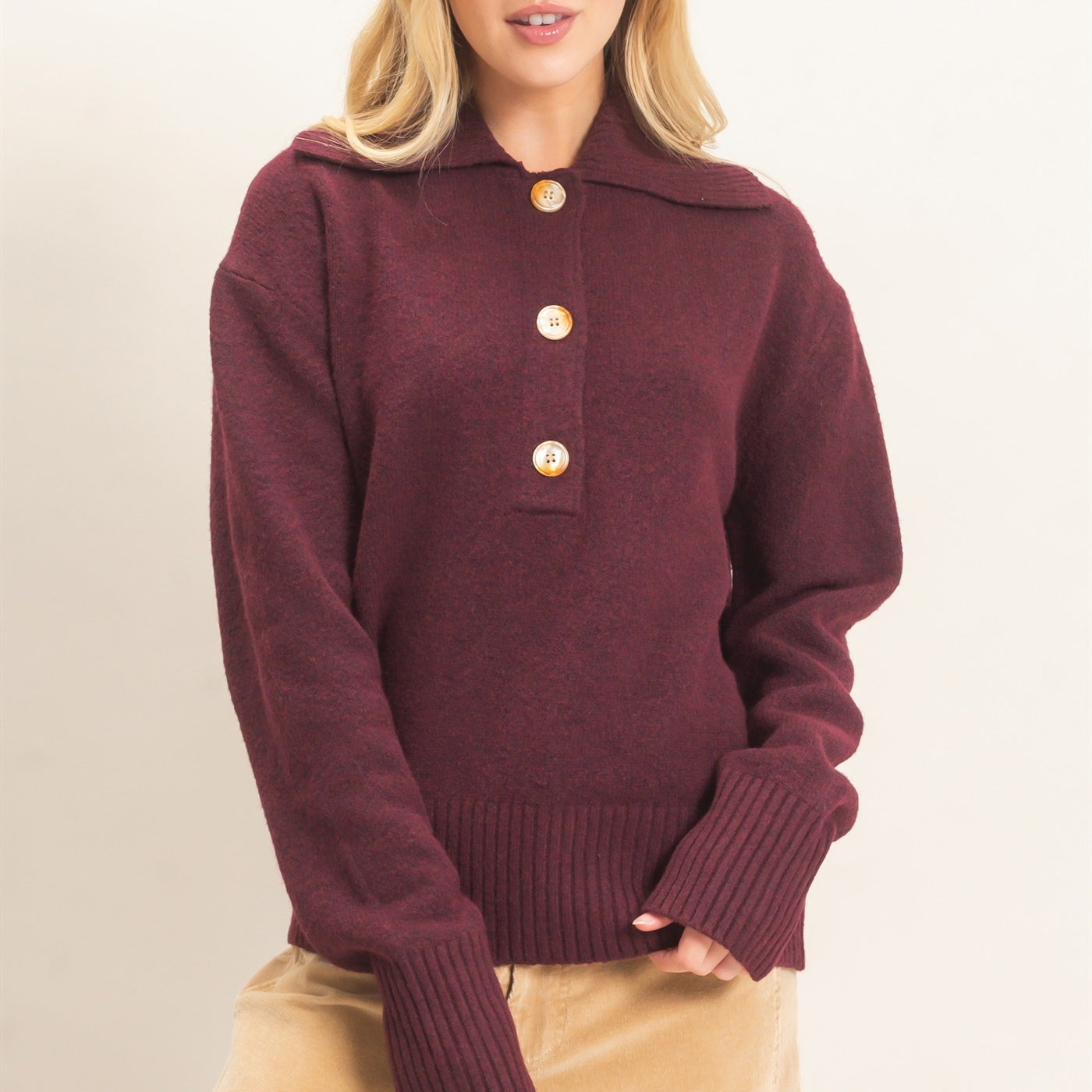 Wholesale Button-Up Collared Sweater Sweaters HF26E752 BURGUNDY HYFVE