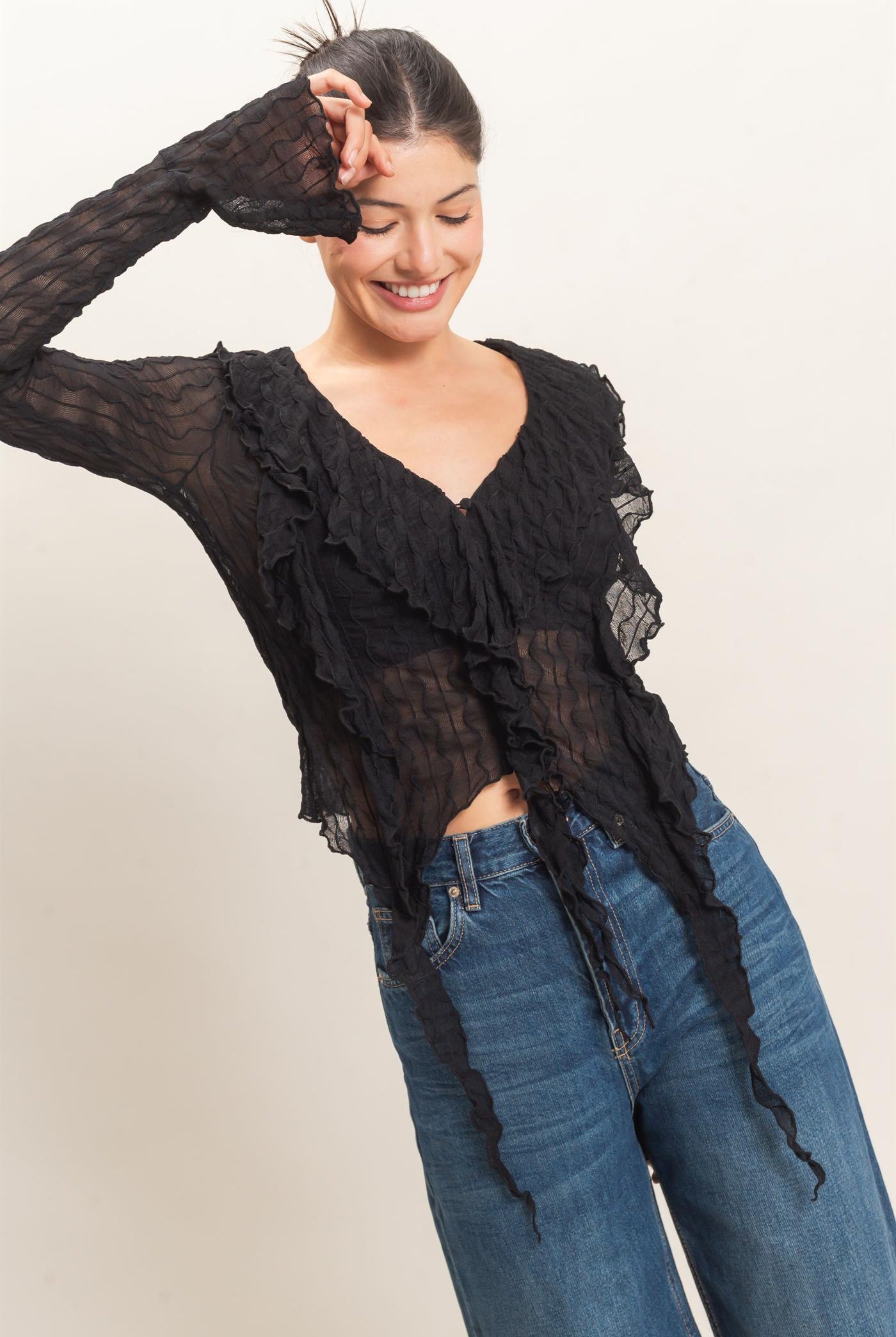 Wholesale Textured V-Neck Tie Front Top Blouses HF26F072 BLACK HYFVE