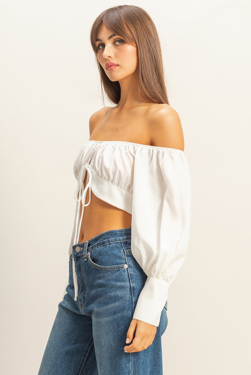 Wholesale Off The Shoulder Satin Crop Top Clothing Tops FS22E582 OFF WHITE HYFVE