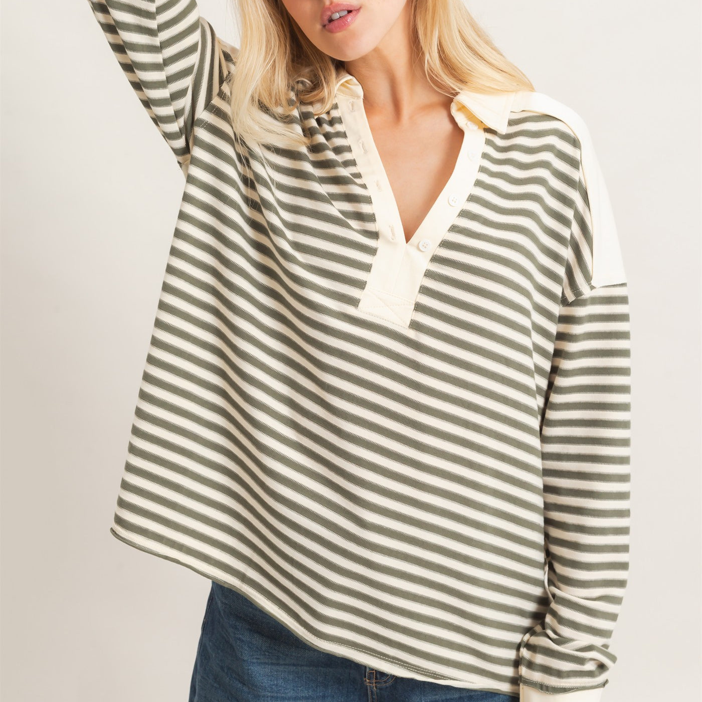Wholesale Striped Henley Sweatshirt Clothing Tops HF26F089 OLIVE GRAY HYFVE