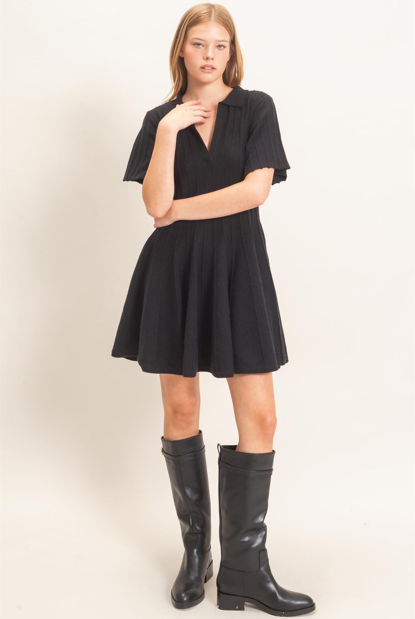 Wholesale Ribbed Knit Collared Dress Dresses HF26E365 BLACK HYFVE