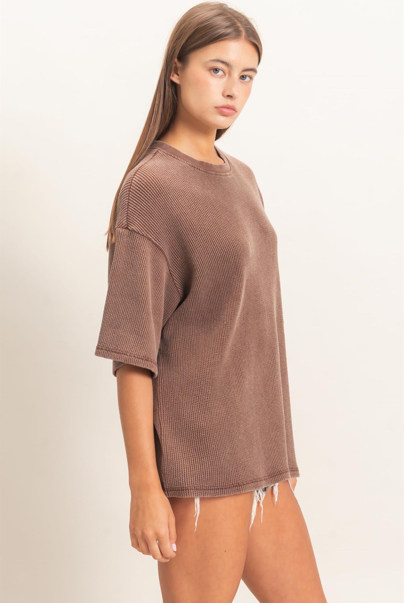 Wholesale Mineral Wash Waffle Crew Neck Short Sleeve Top Clothing Tops DZ26E328 DARK BROWN DOUBLE ZERO
