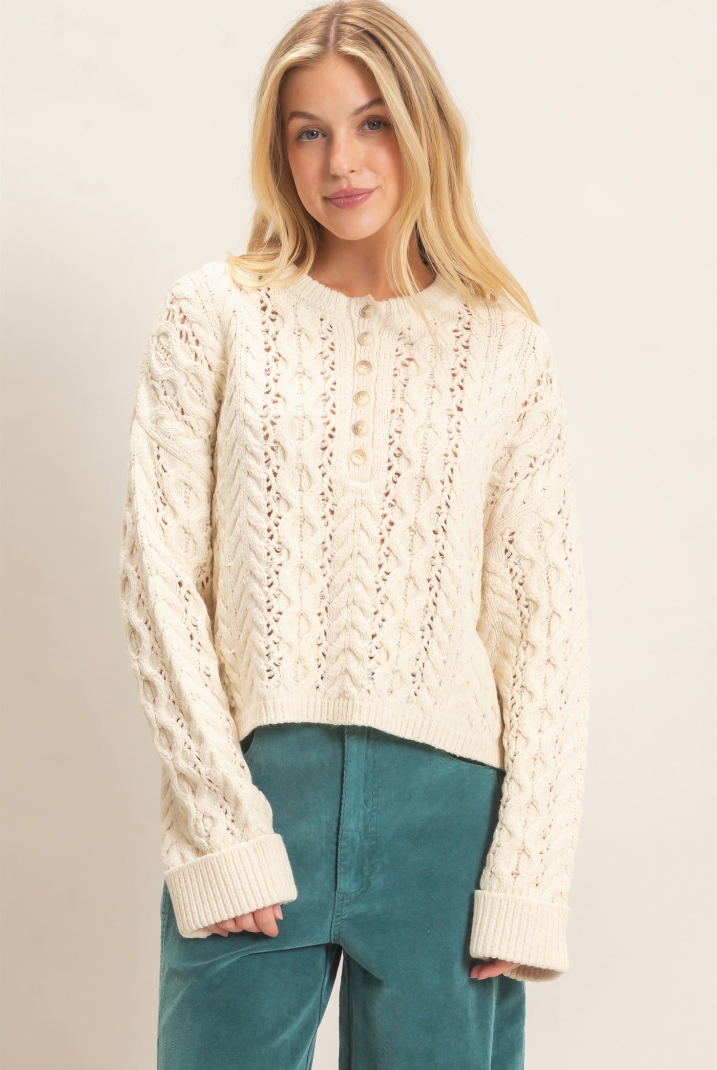 Wholesale Cable Knit Henley Sweaters HF26E552 CREAM HYFVE