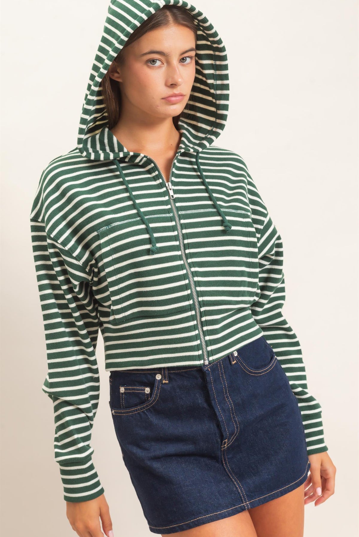 Wholesale Striped Zip-Up Hoodie Hoodies DZ26E433 DARK GREEN DOUBLE ZERO