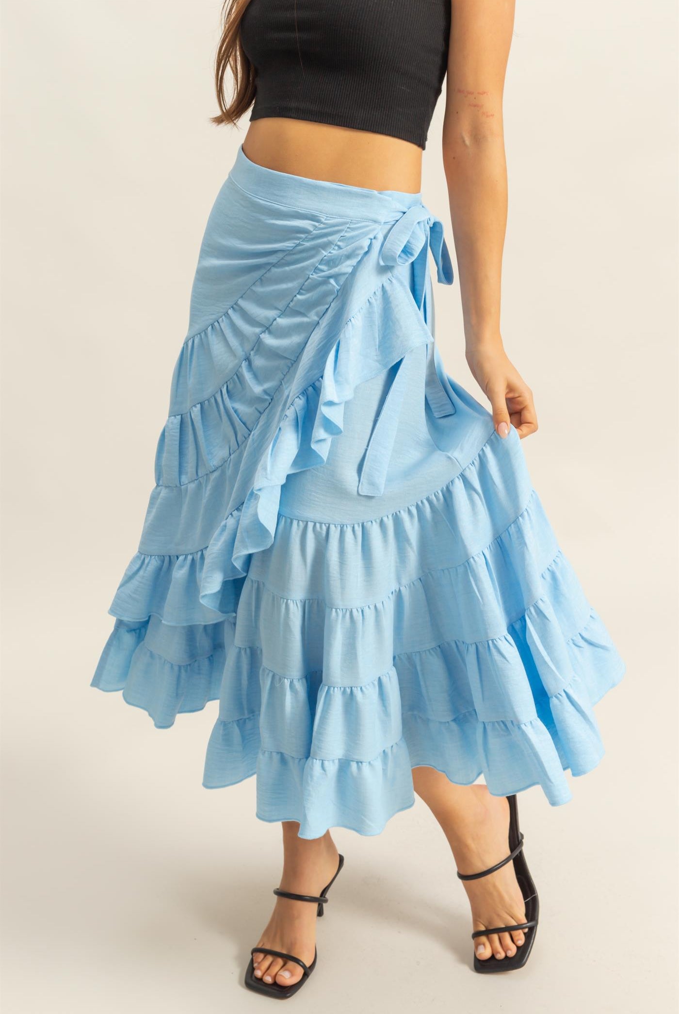 Wholesale High-Waist Tiered Wrap Maxi Skirt Skirts HF24F553 L.BLUE HYFVE