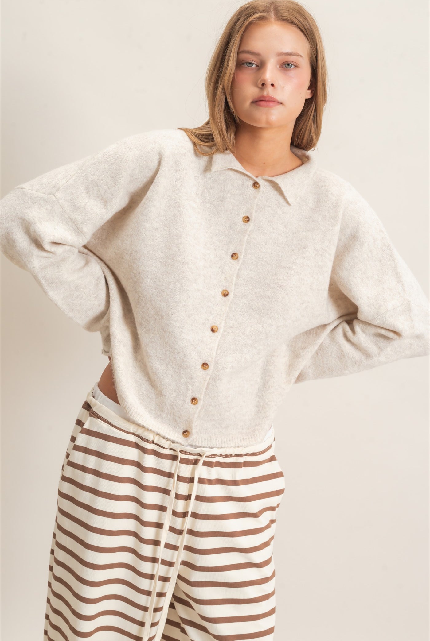 Wholesale Button-Up Collared Sweater Cardigan Cardigans HF26E039 OATMEAL HYFVE