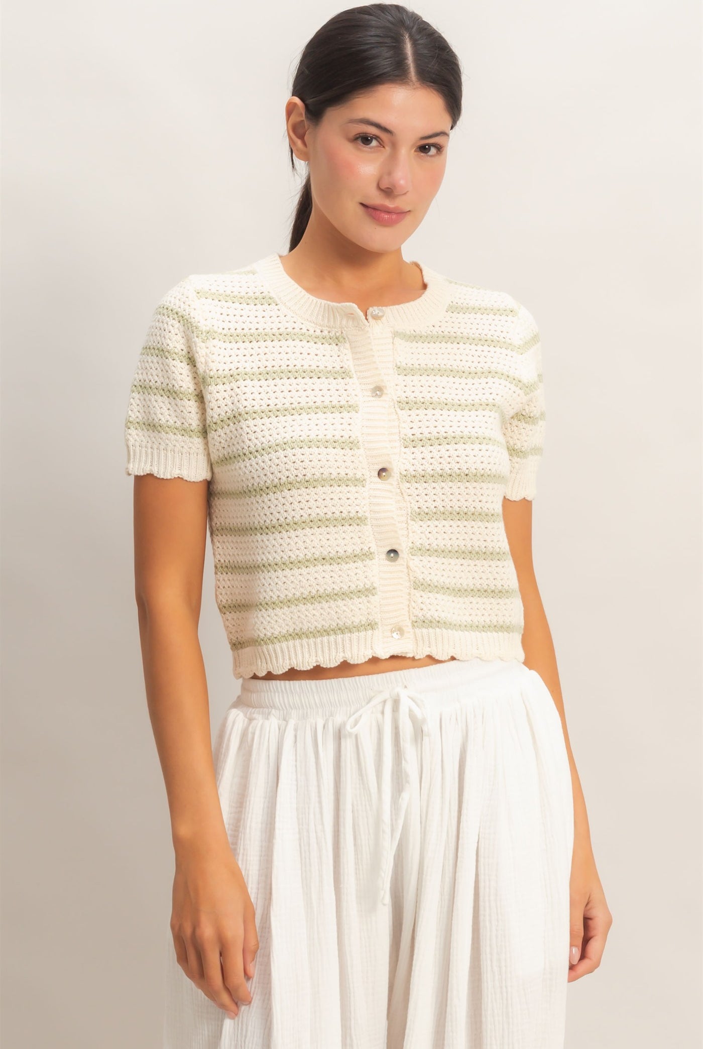 Wholesale Striped Short Sleeve Cardigan With Scallop Edge Cardigans DZ26A605 SAGE GREEN DOUBLE ZERO