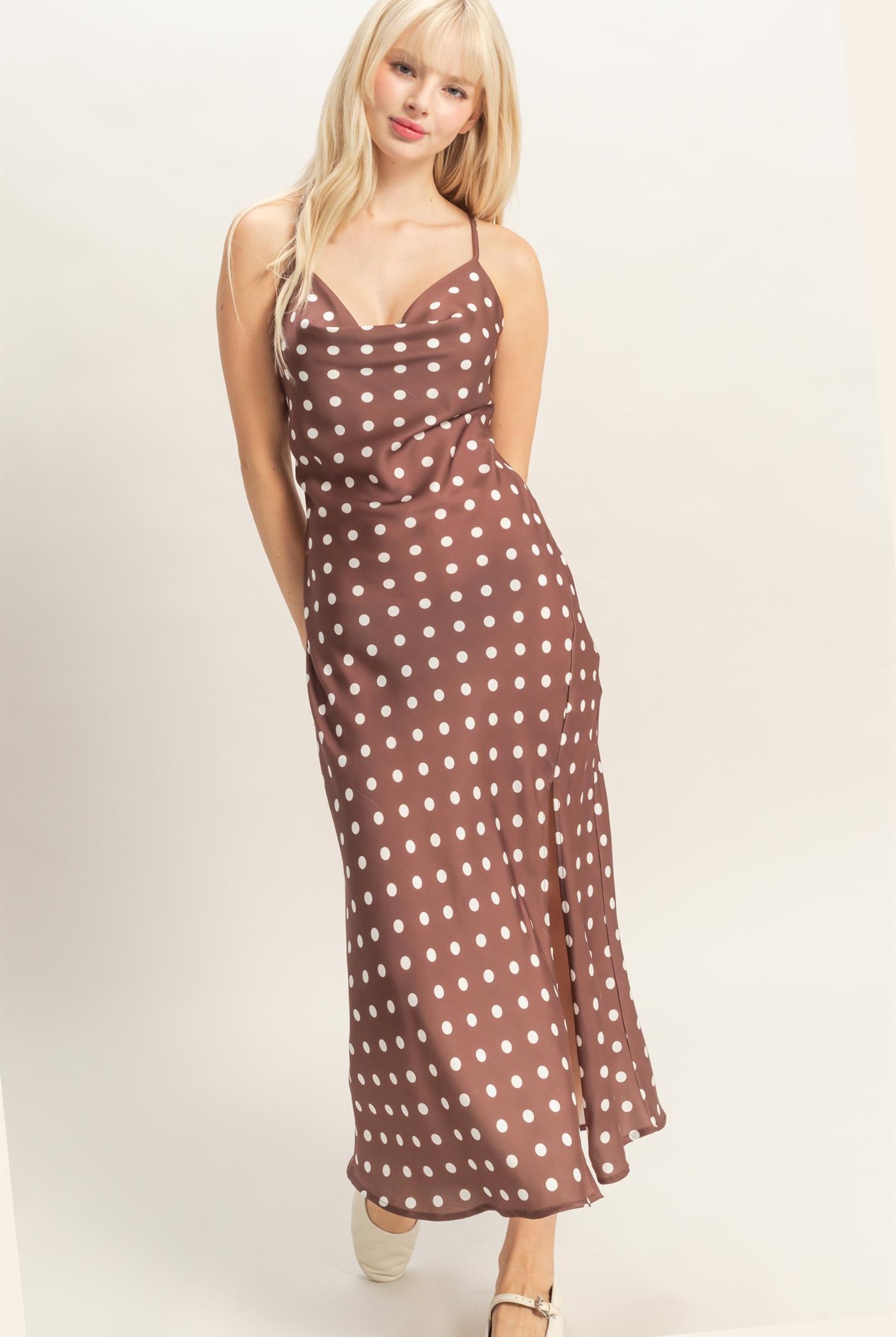 Wholesale Polka Dot Spaghetti Strap Cowl Neck Midi Dress Dresses DZ26C049 CHOCOLATE DOUBLE ZERO