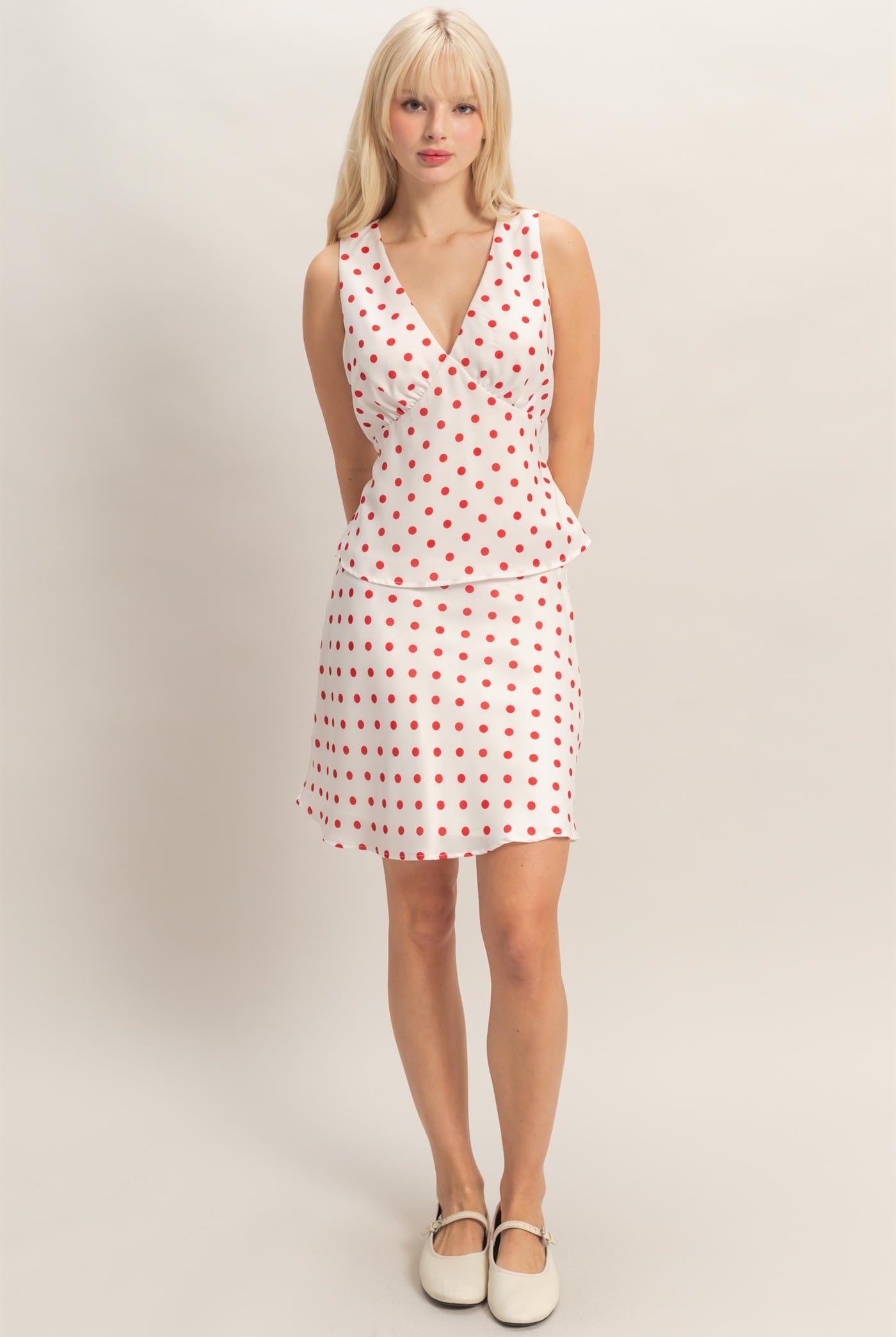 Wholesale Polka Dot V-Neck Satin Top Clothing Tops DZ26C198 RED DOUBLE ZERO