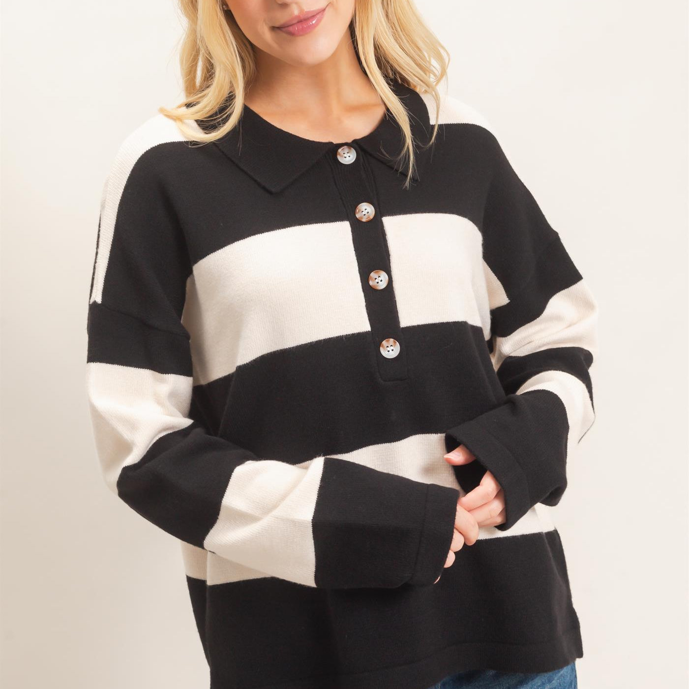 Wholesale Striped Button-Up Sweater Sweaters HF26F198 BLACK HYFVE