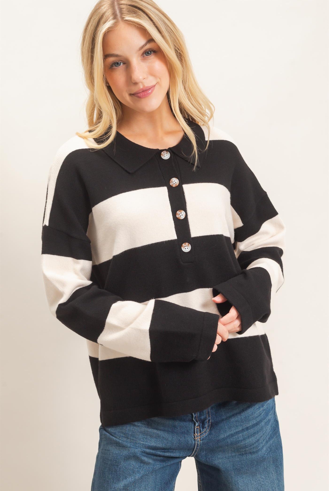 Wholesale Striped Button-Up Sweater Sweaters HF26F198 BLACK HYFVE