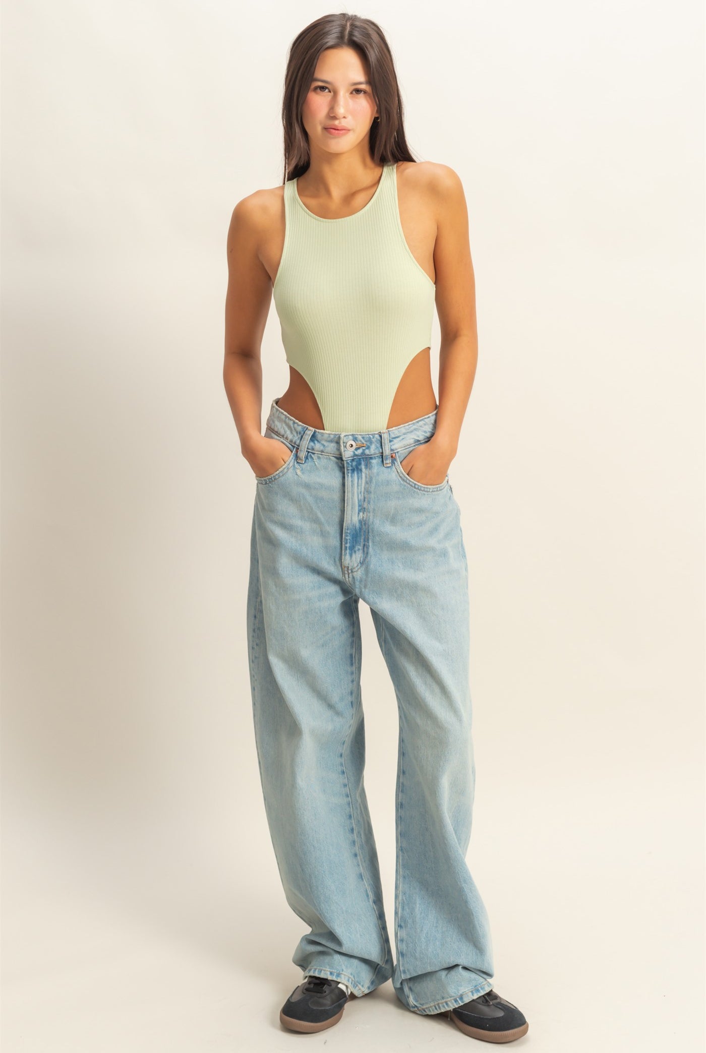 Wholesale High Cut Bodysuit Clothing Tops DZ22E146 PASTEL GREEN DOUBLE ZERO