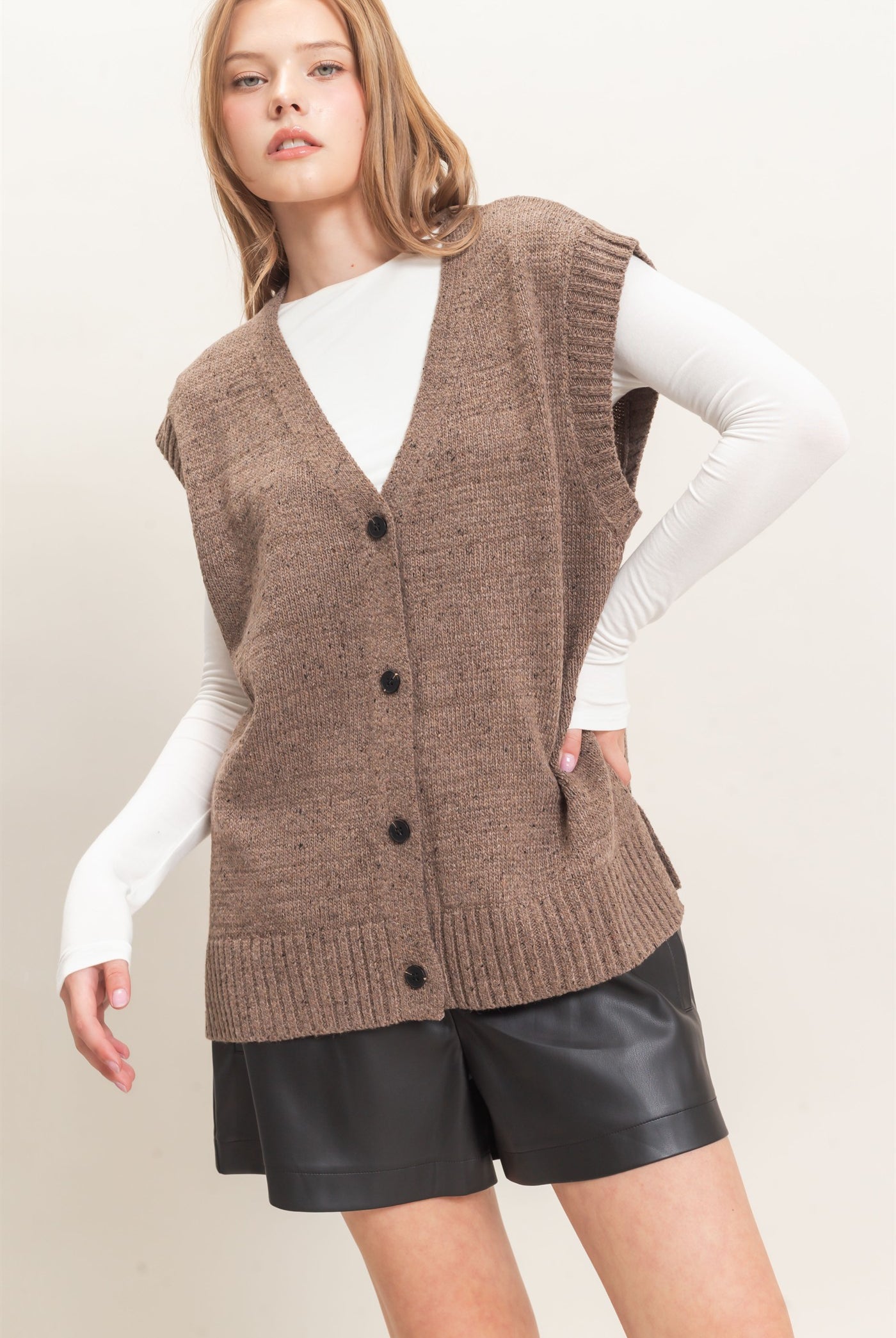 Wholesale V-Neck Knit Vest Sweaters HF26E484 MOCHA HYFVE