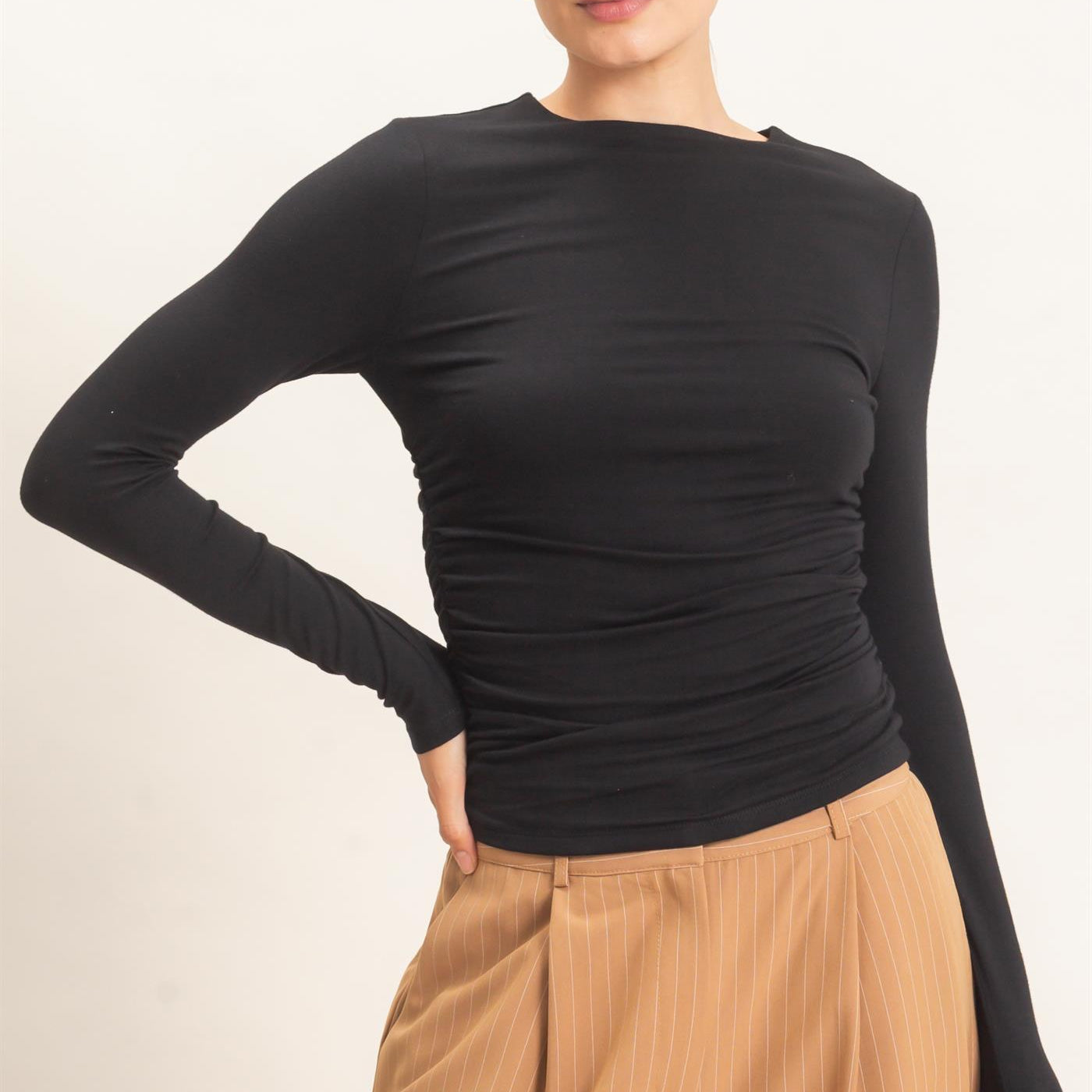 Wholesale Ruched Long Sleeve Top Clothing Tops HF26E776 BLACK HYFVE