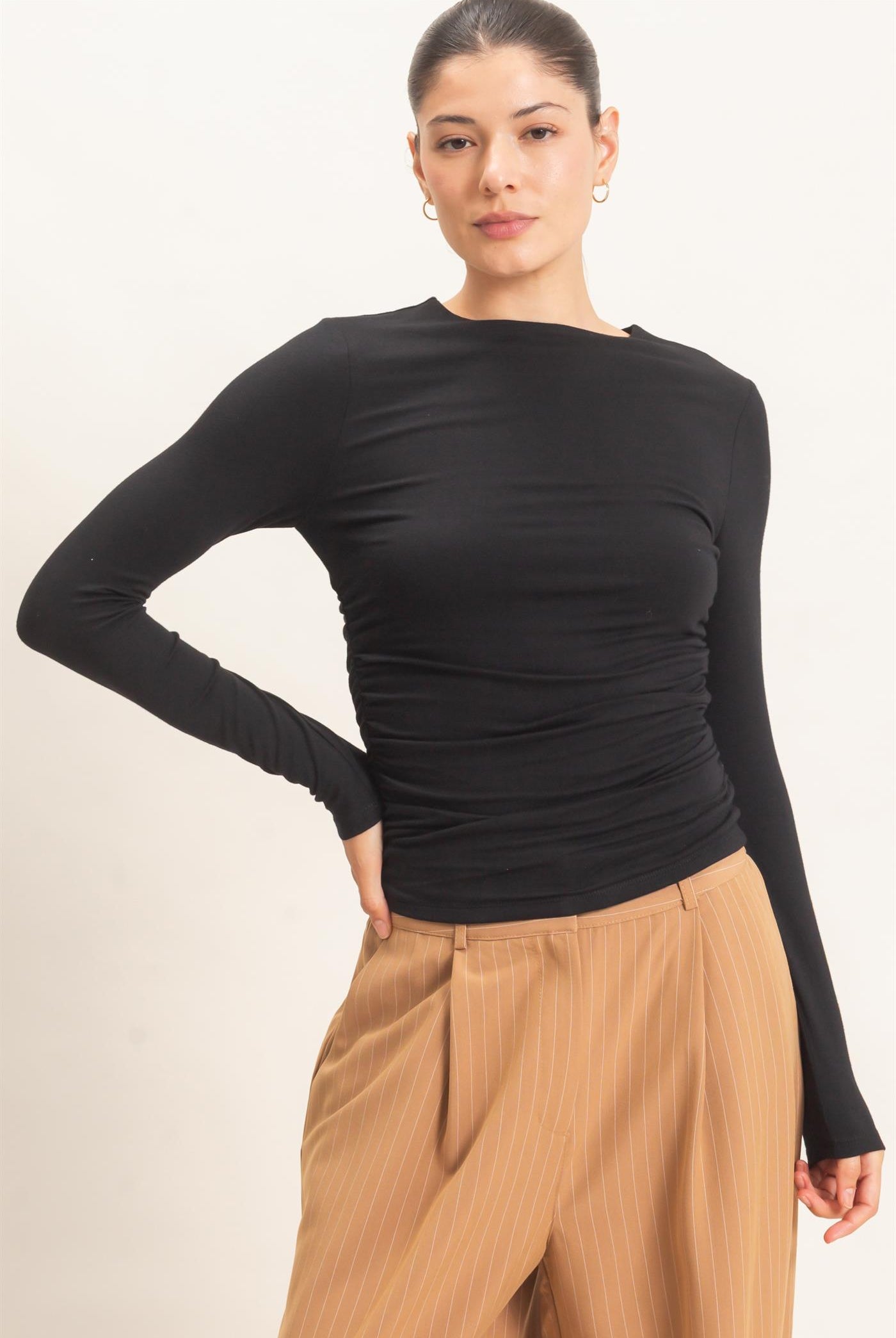 Wholesale Ruched Long Sleeve Top Clothing Tops HF26E776 BLACK HYFVE