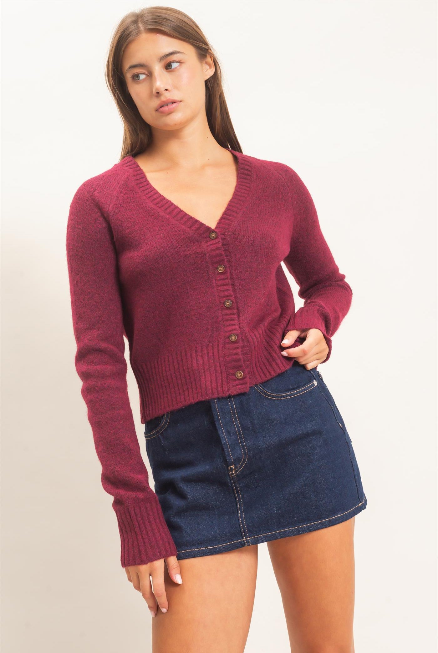 Wholesale V-Neck Cardigan Cardigans DZ26E326 DARK CHERRY DOUBLE ZERO