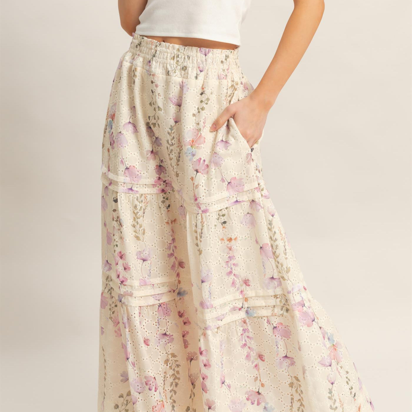 Wholesale Floral Smocked Waist Skirt Skirts HF26A361-D YELLOW HYFVE