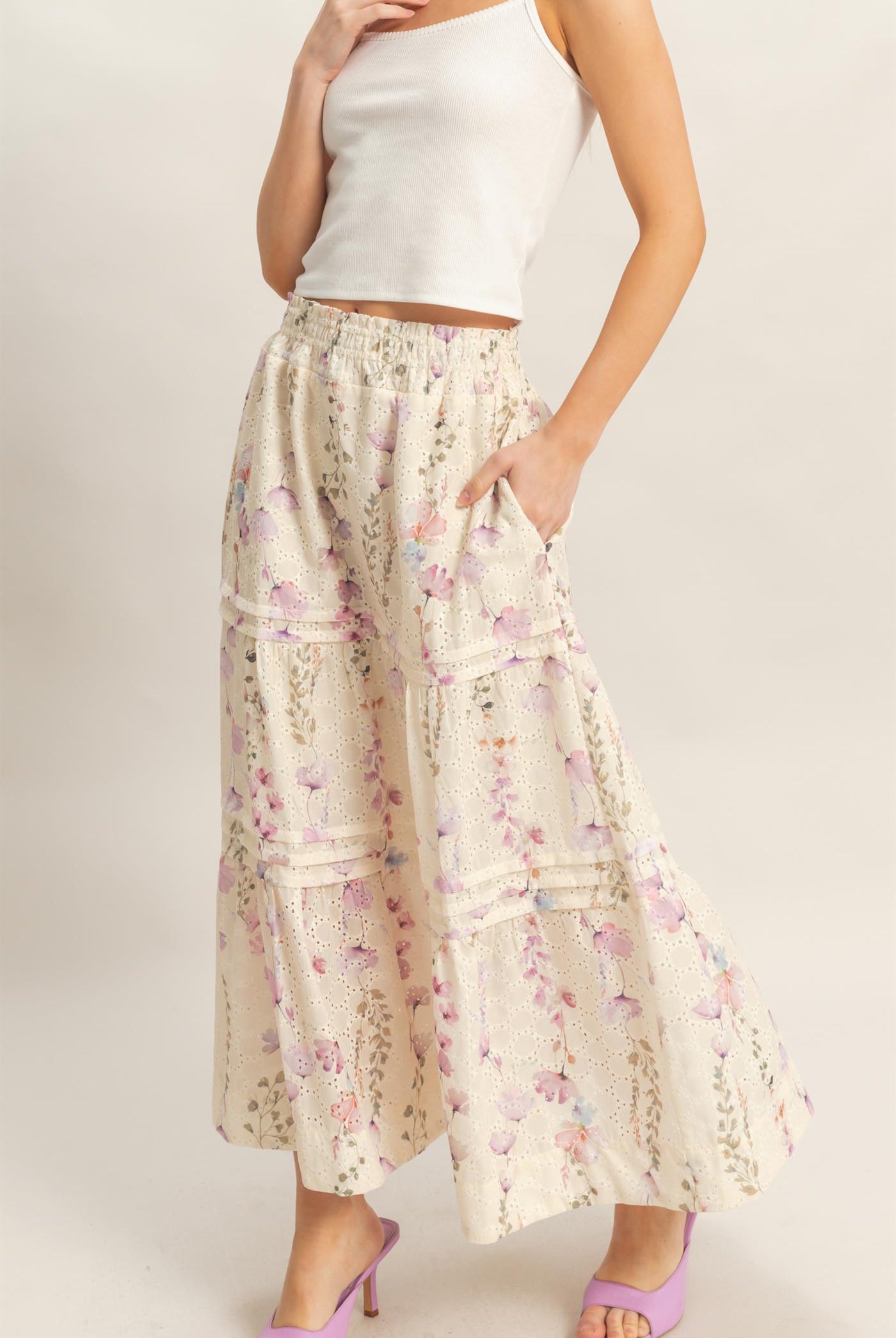 Wholesale Floral Smocked Waist Skirt Skirts HF26A361-D YELLOW HYFVE