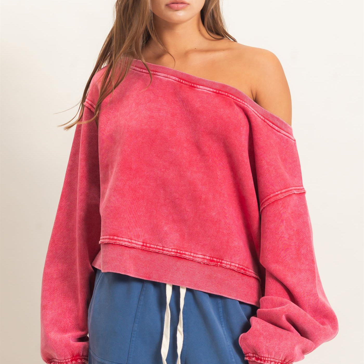 Wholesale Raw Edge Acid Wash Off The Shoulder Sweatshirt Sweatshirts DZ26F013 RED DOUBLE ZERO