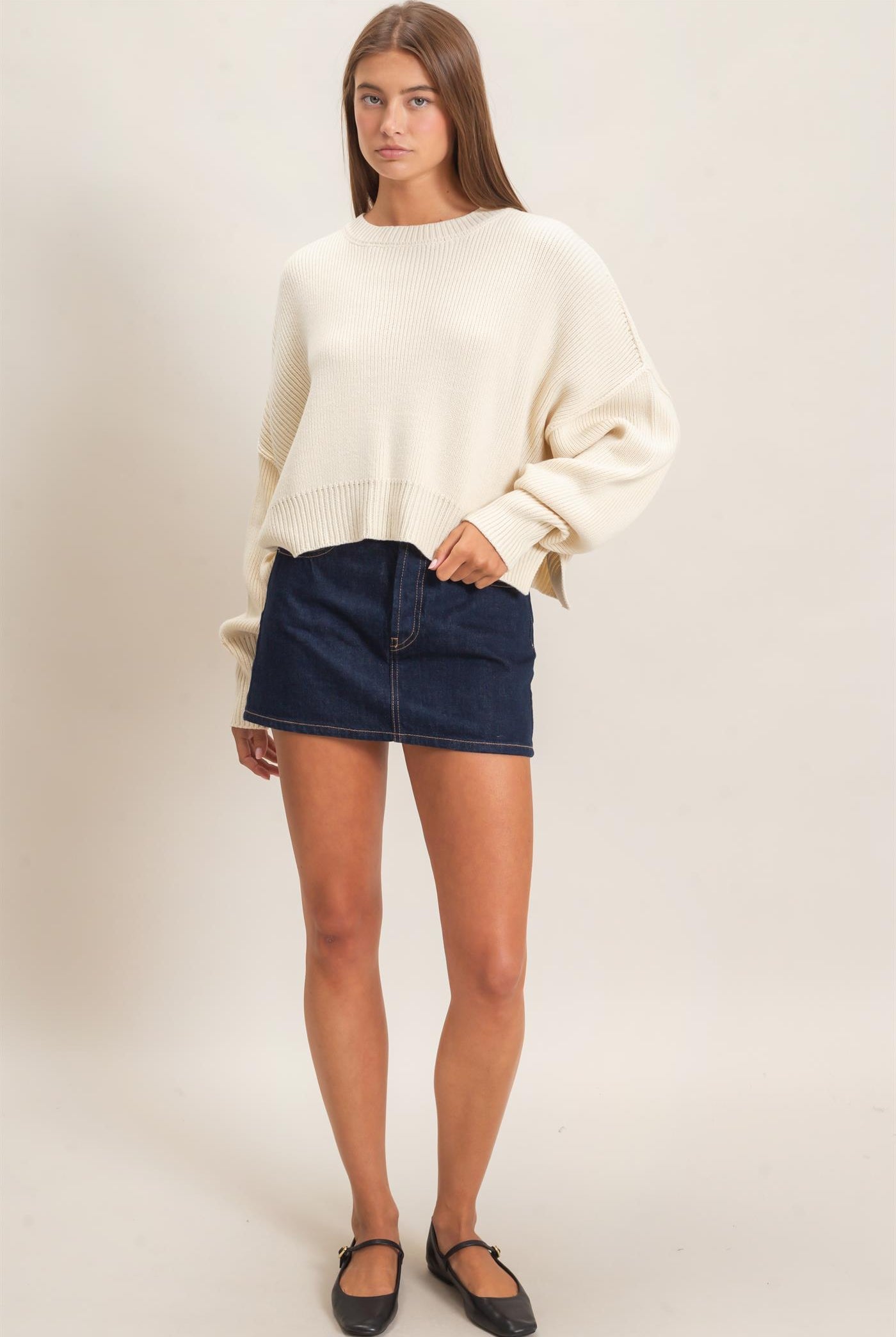 Wholesale Ribbed Drop Shoulder Sweater Sweaters DZ26C982 CREAM DOUBLE ZERO