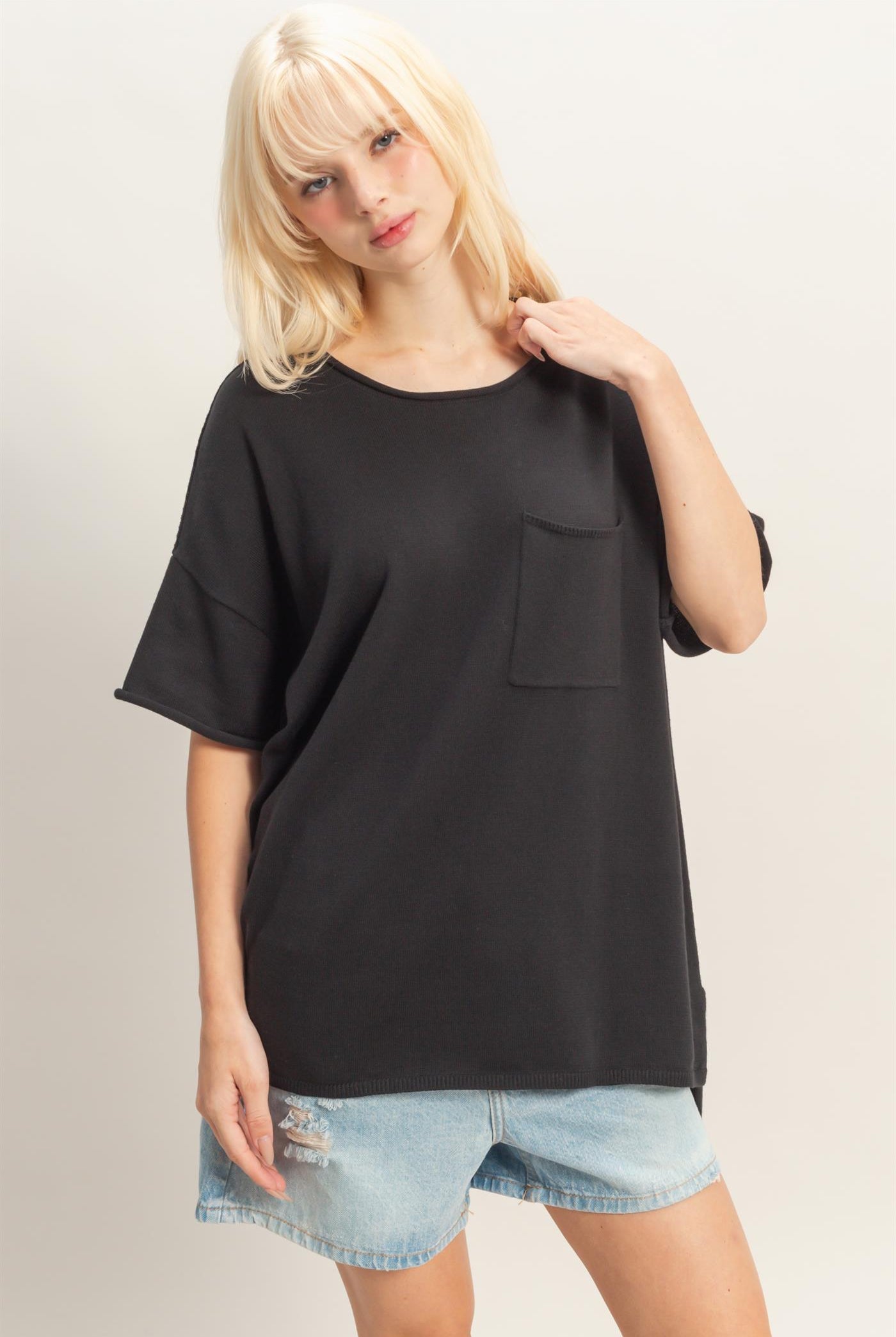 Wholesale Oversized Short Sleeve Round Neck Pocket Knit Top Clothing Tops DZ26A691 BLACK DOUBLE ZERO