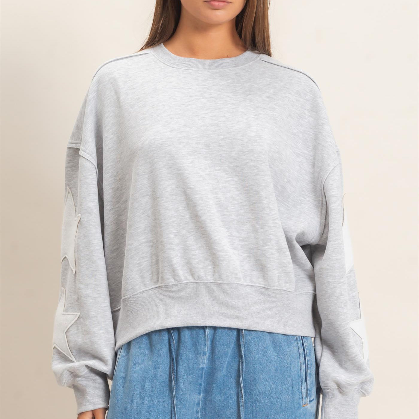 Wholesale Star Patch Sleeve Sweatshirt Sweatshirts DZ26E888 HEATHER GRAY DOUBLE ZERO