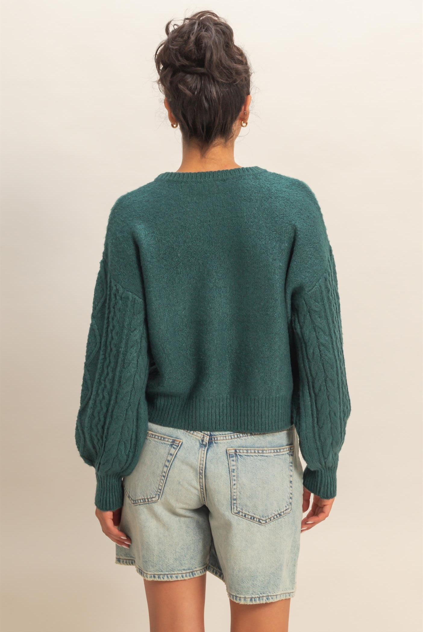 Wholesale Cable Knit Balloon Sleeve Sweater Sweaters DZ25F126 DEEP GREEN DOUBLE ZERO